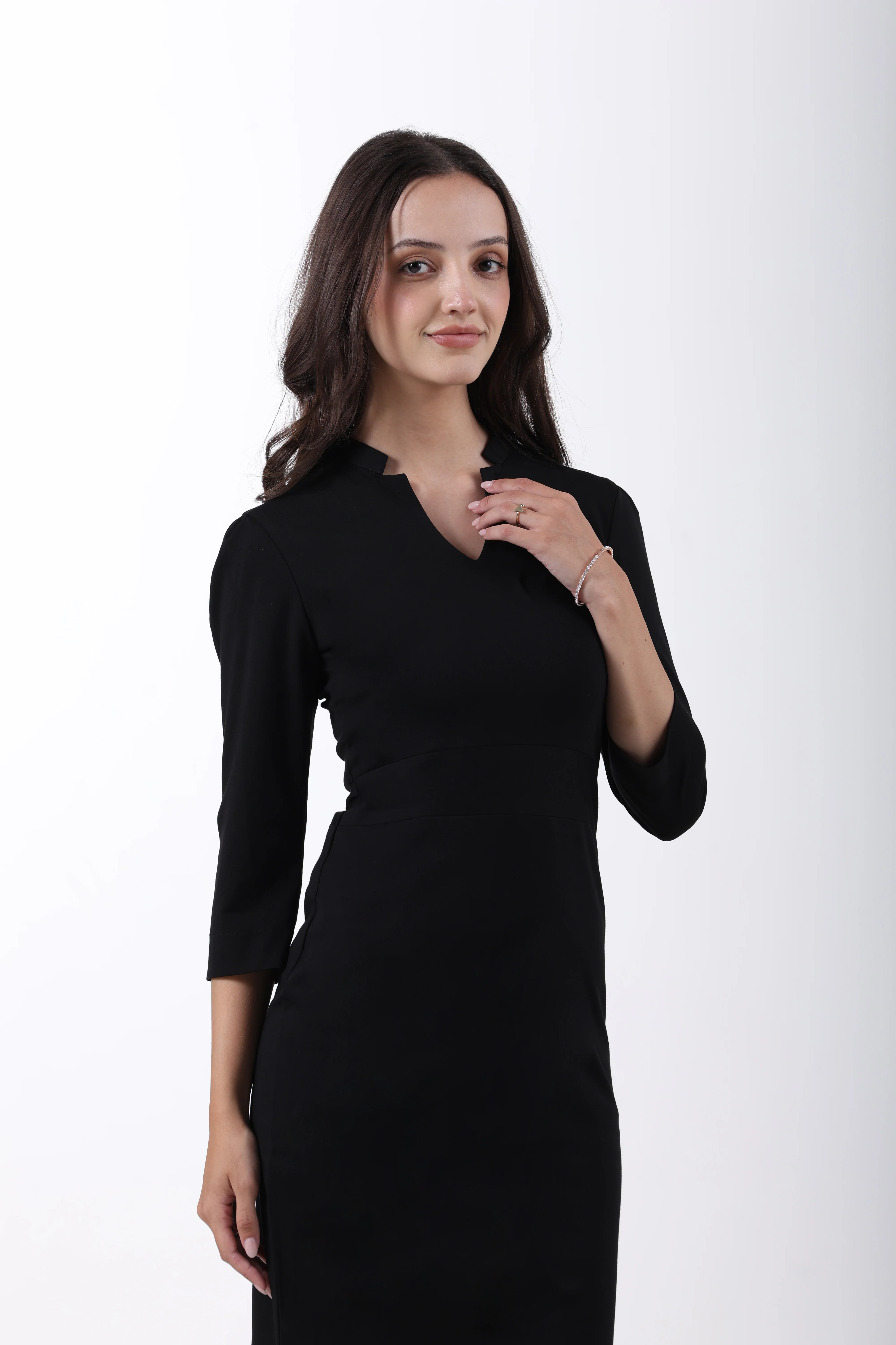 Puff Sleeves Stretch Sheath Dress – Black Tencel - Image 3