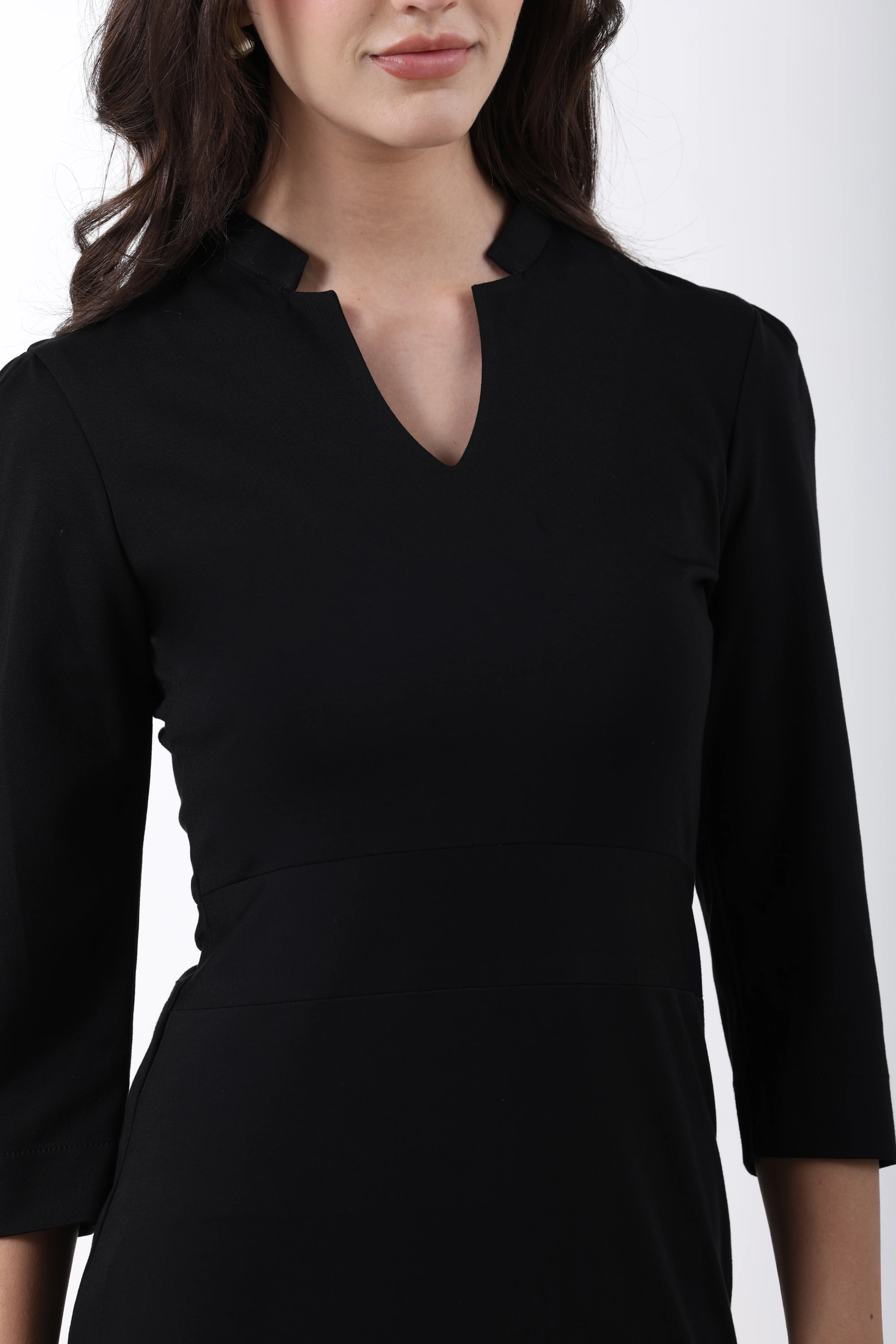 Puff Sleeves Stretch Sheath Dress – Black Tencel - Image 5
