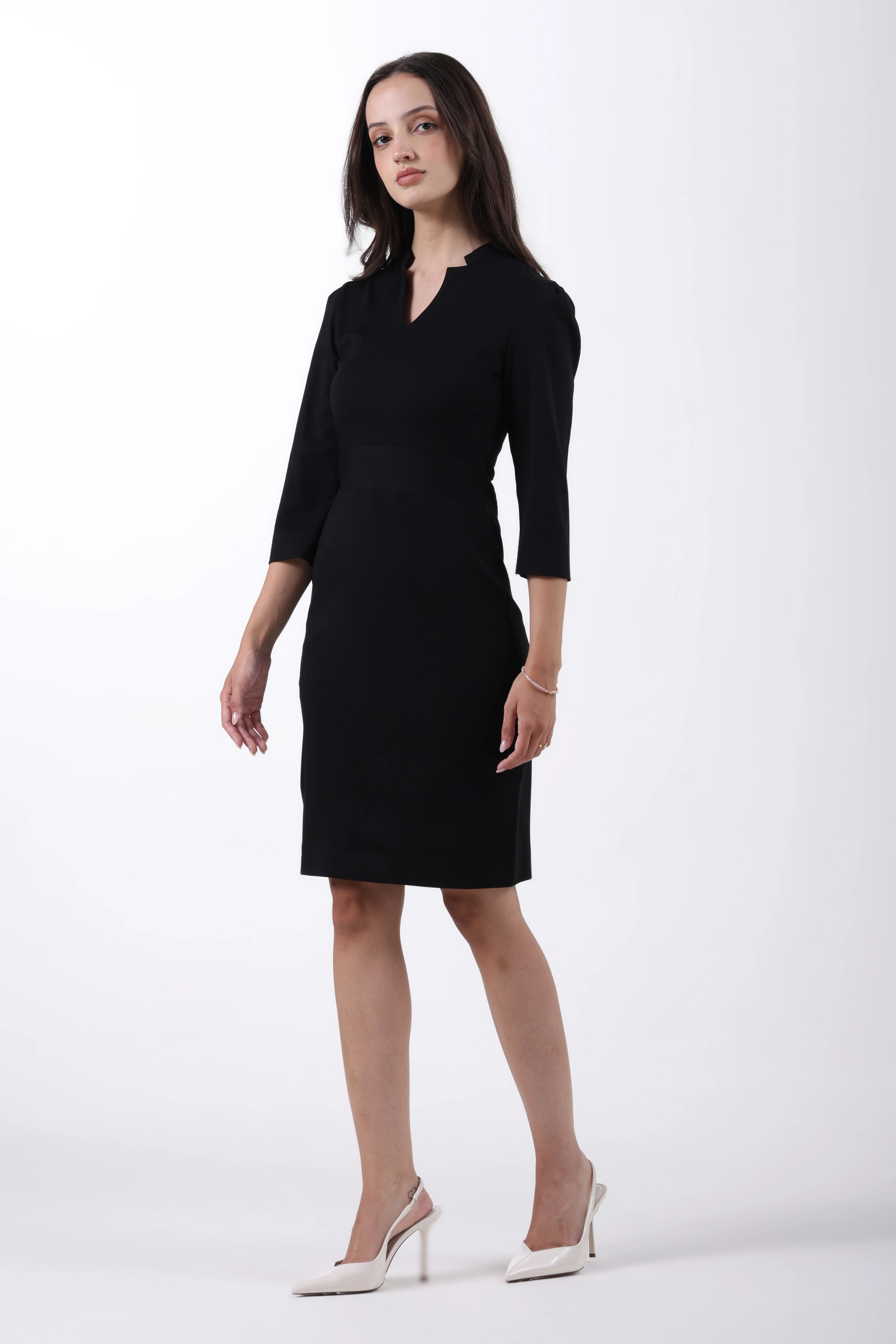 Puff Sleeves Stretch Sheath Dress – Black Tencel - Image 7