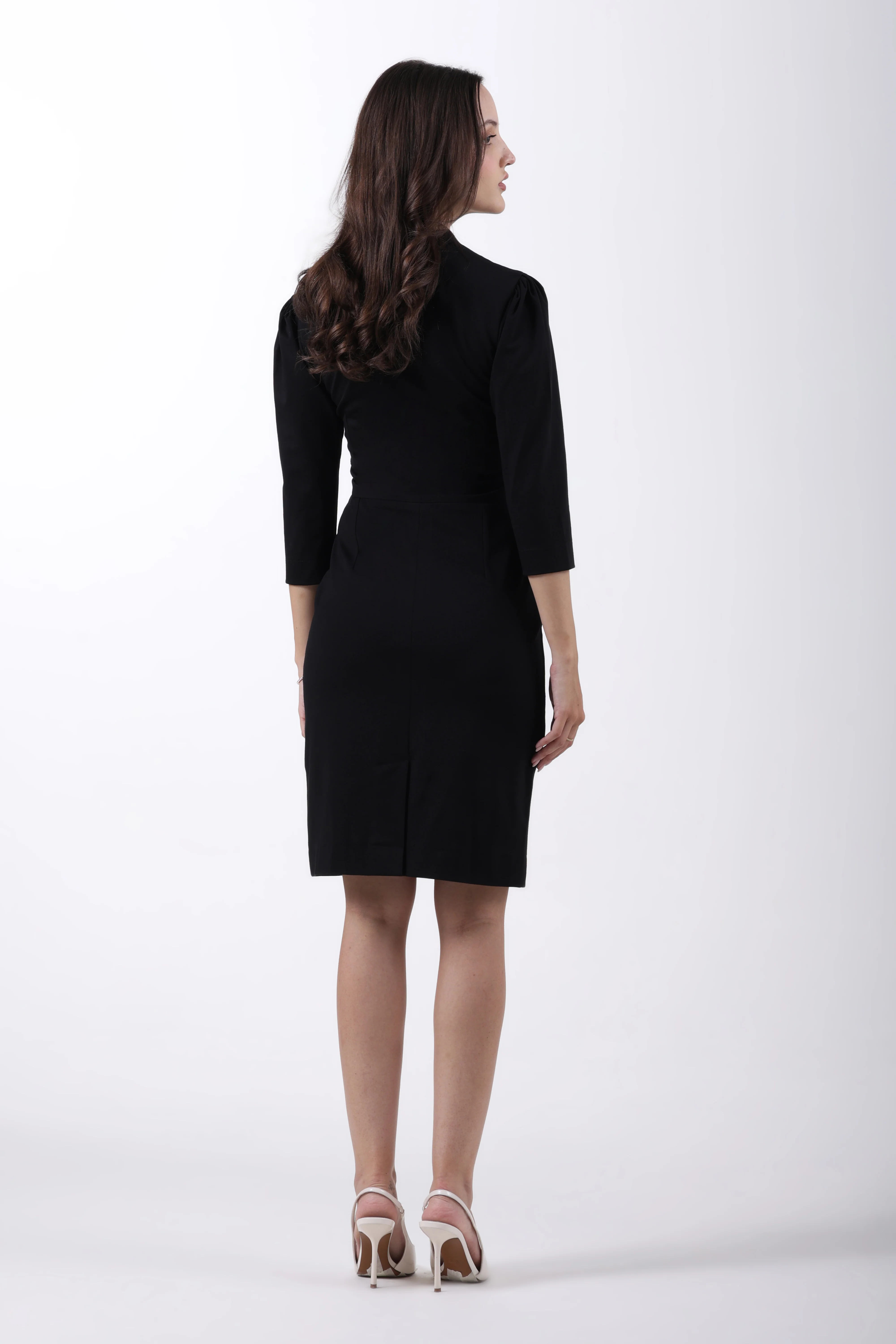 Puff Sleeves Stretch Sheath Dress – Black Tencel - Image 8