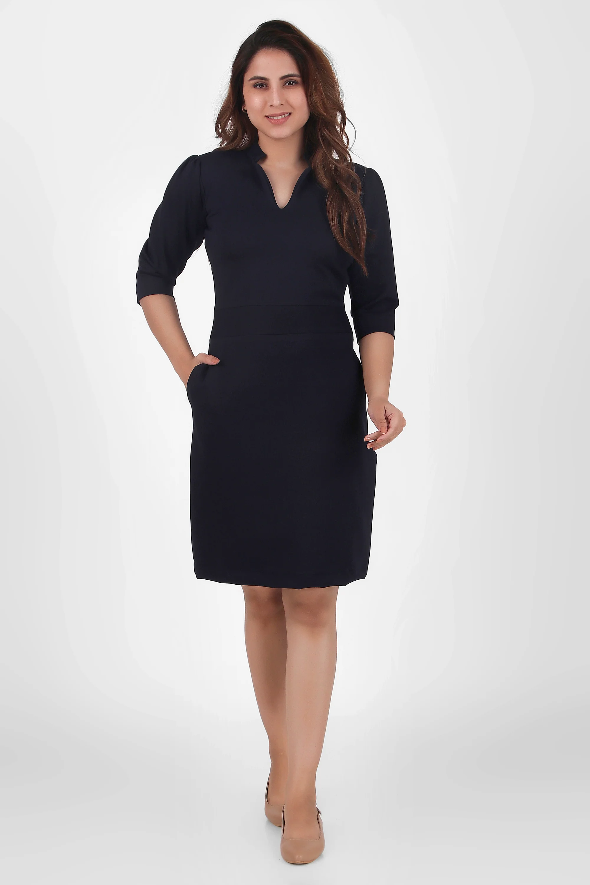 Puff Sleeves Stretch Sheath Dress – Navy Blue - Image 2