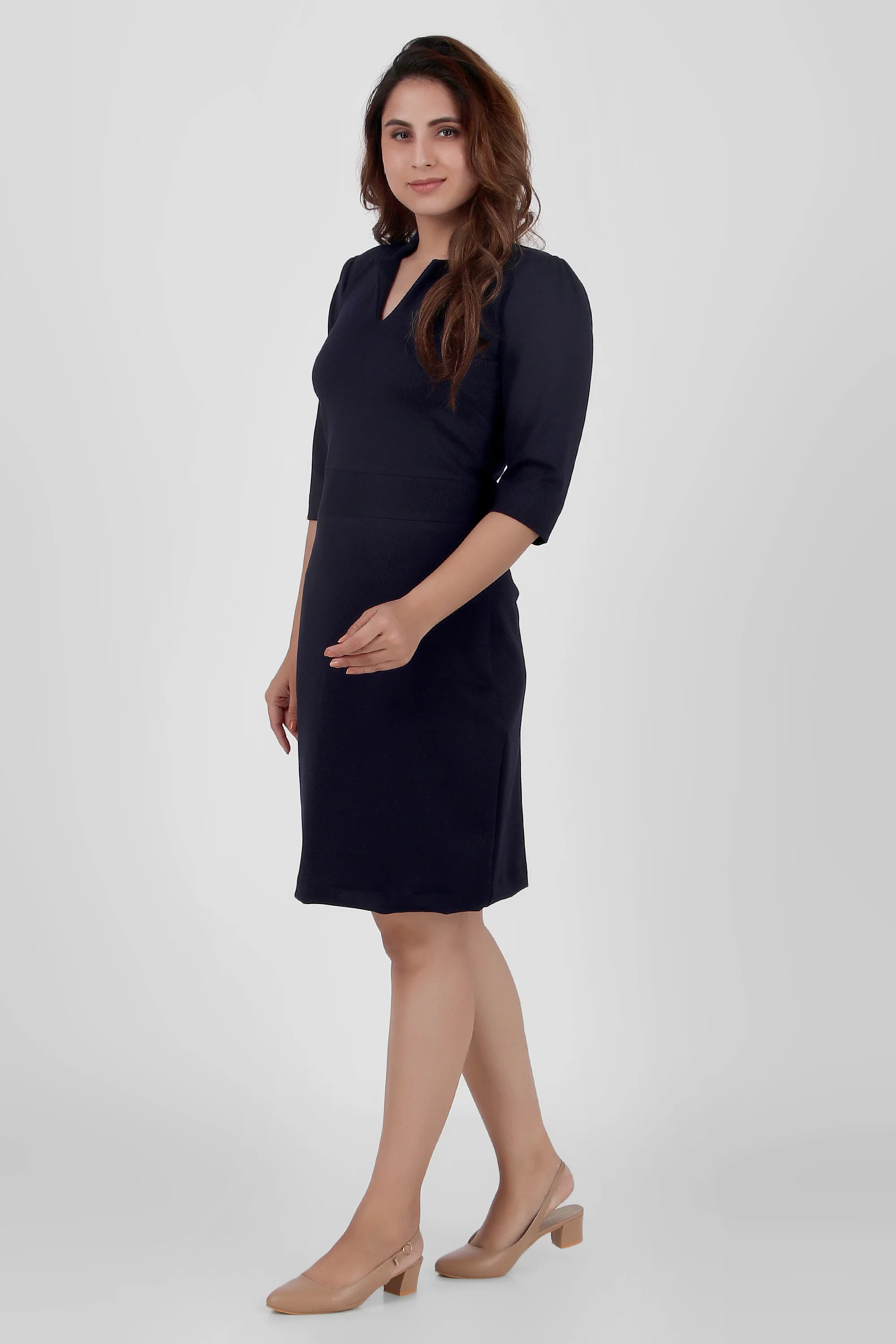 Puff Sleeves Stretch Sheath Dress – Navy Blue - Image 4