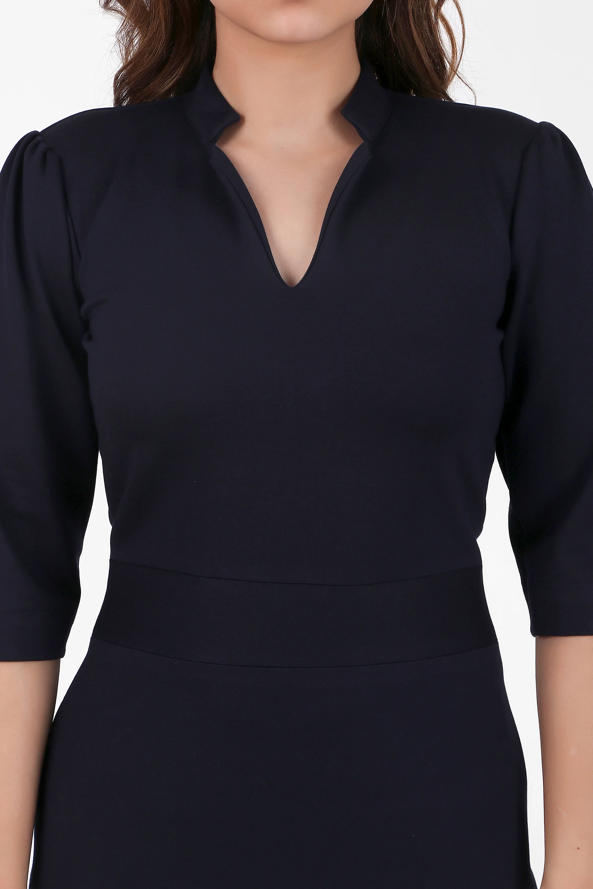 Puff Sleeves Stretch Sheath Dress – Navy Blue - Image 6