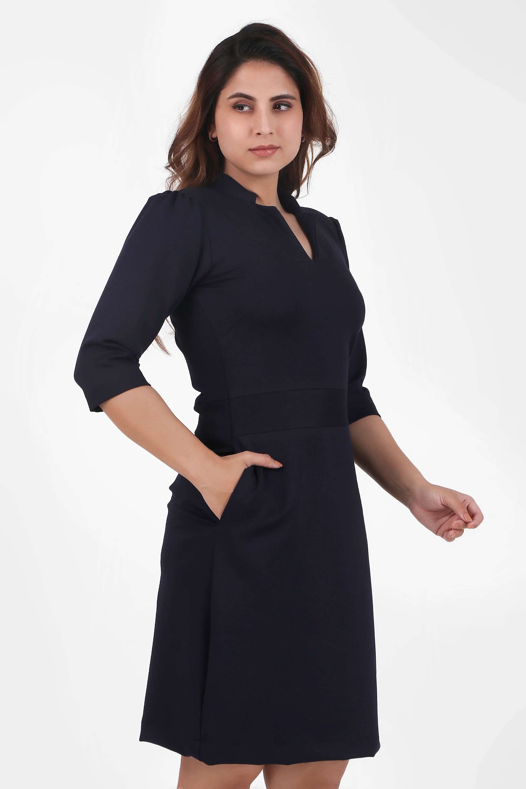 Puff Sleeves Stretch Sheath Dress – Navy Blue - Image 7