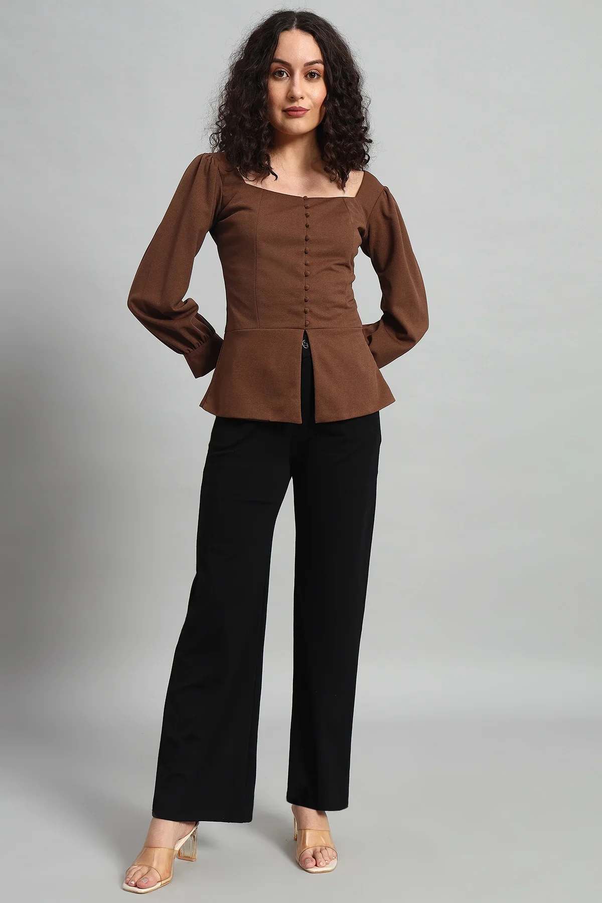 Refined Rectangle Neckline Top – Brown - Image 3