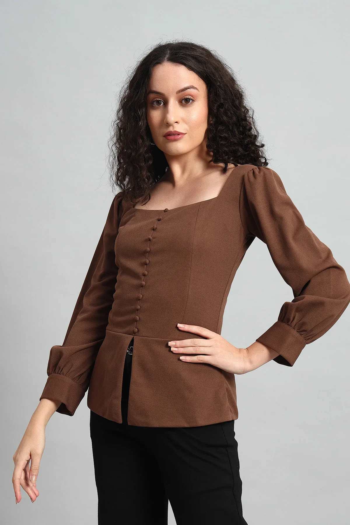 Refined Rectangle Neckline Top – Brown - Image 5