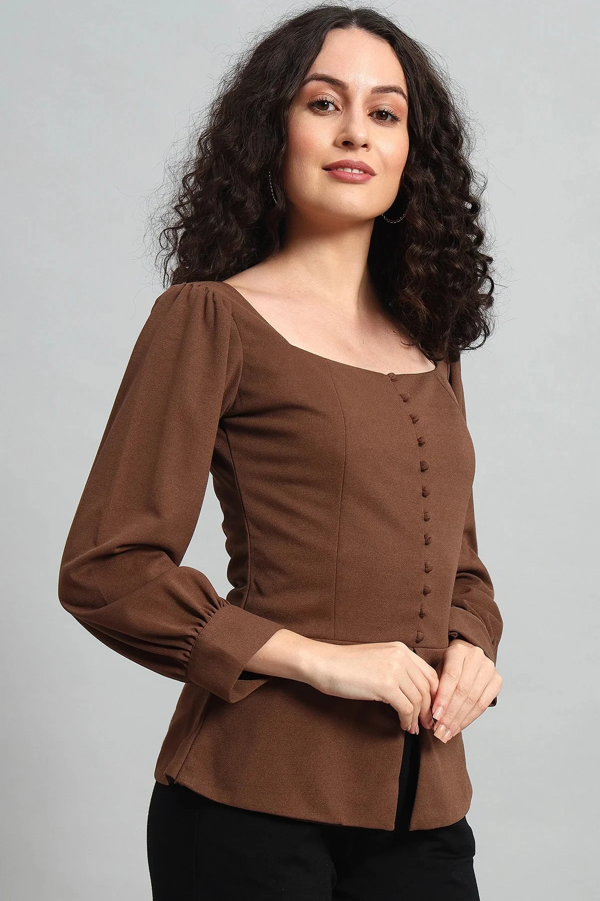 Refined Rectangle Neckline Top – Brown - Image 6