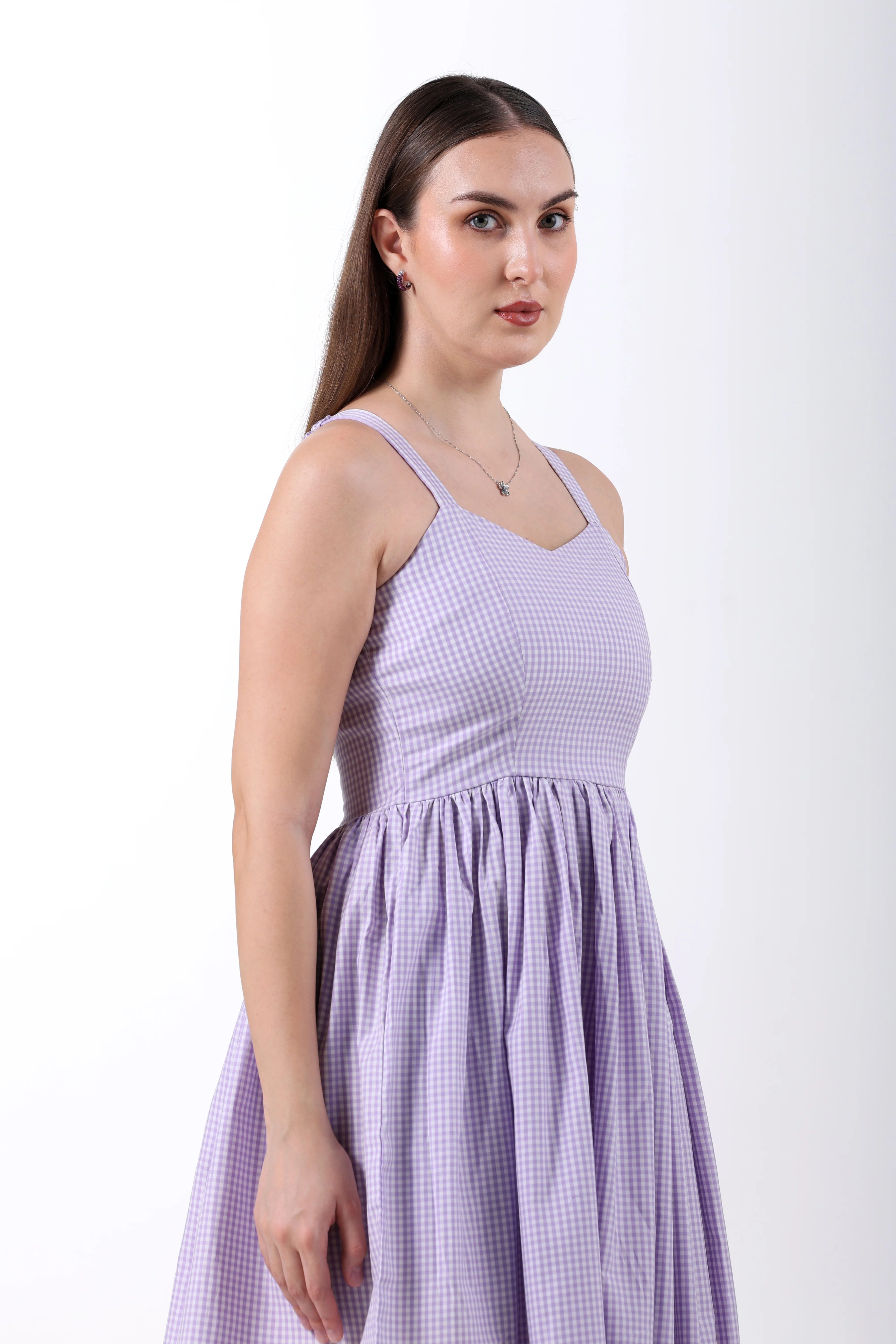 Signature 2-Ply Cotton Gingham Flare Dress – Lilac - Image 3