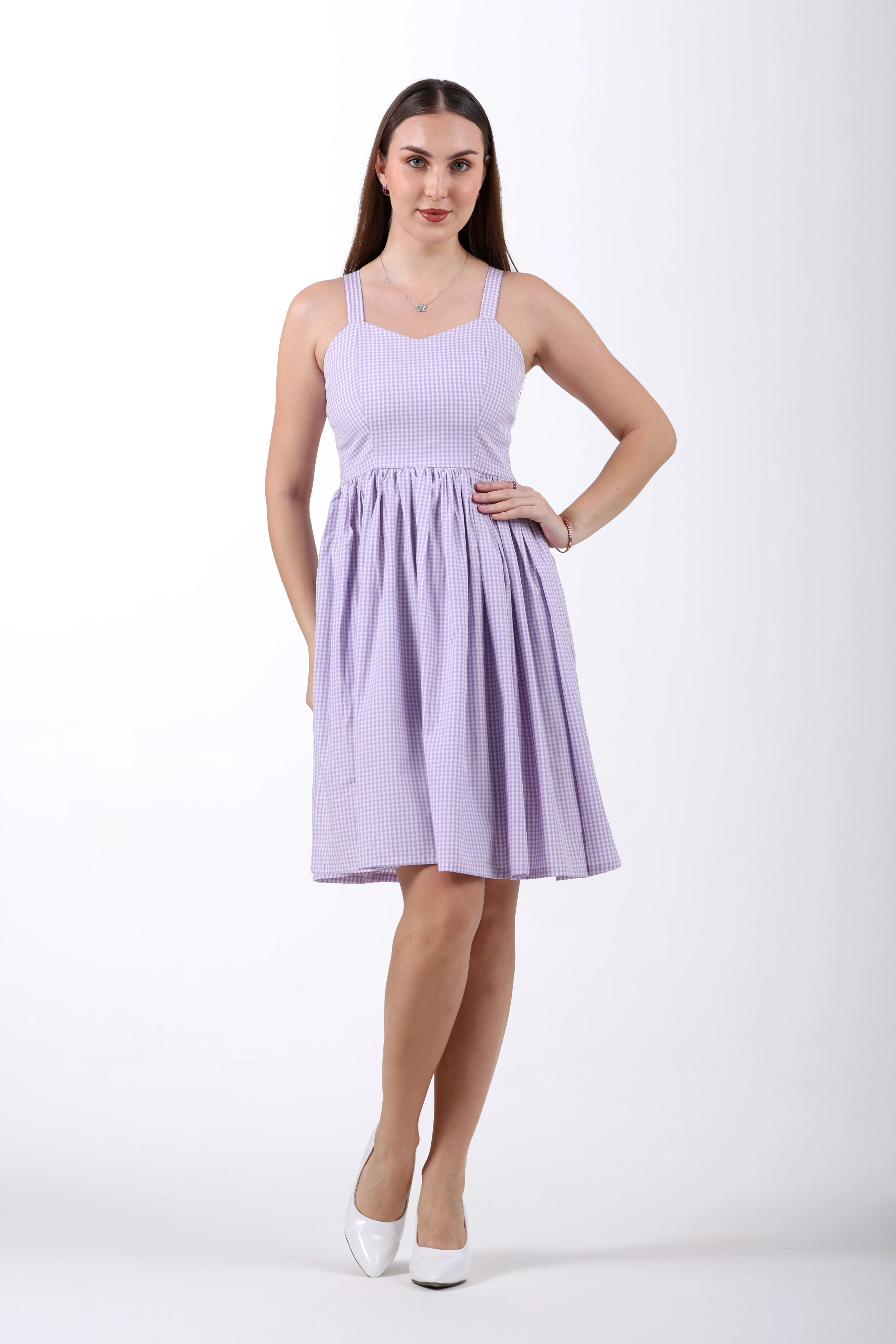 Signature 2-Ply Cotton Gingham Flare Dress – Lilac - Image 4