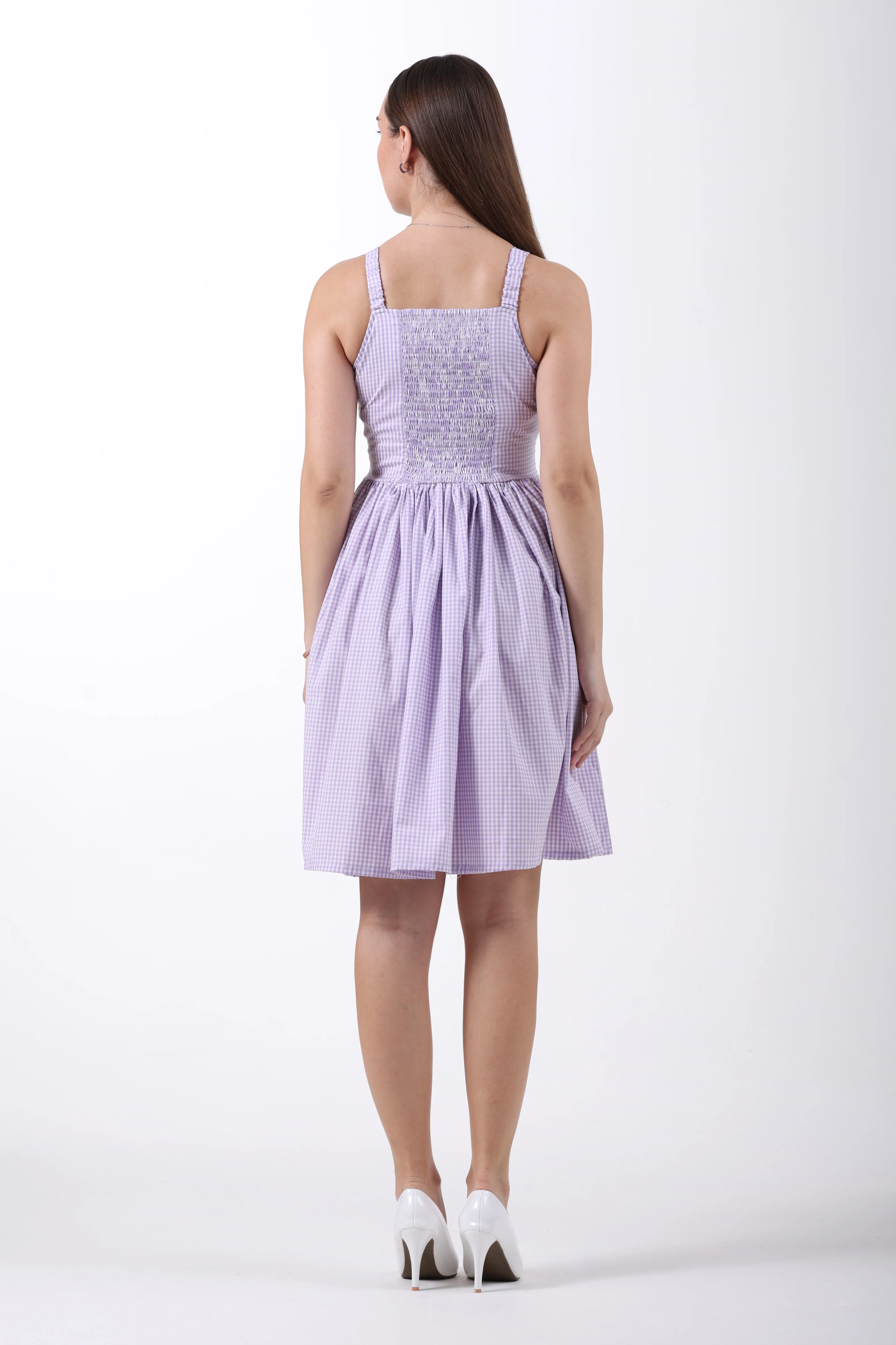 Signature 2-Ply Cotton Gingham Flare Dress – Lilac - Image 8