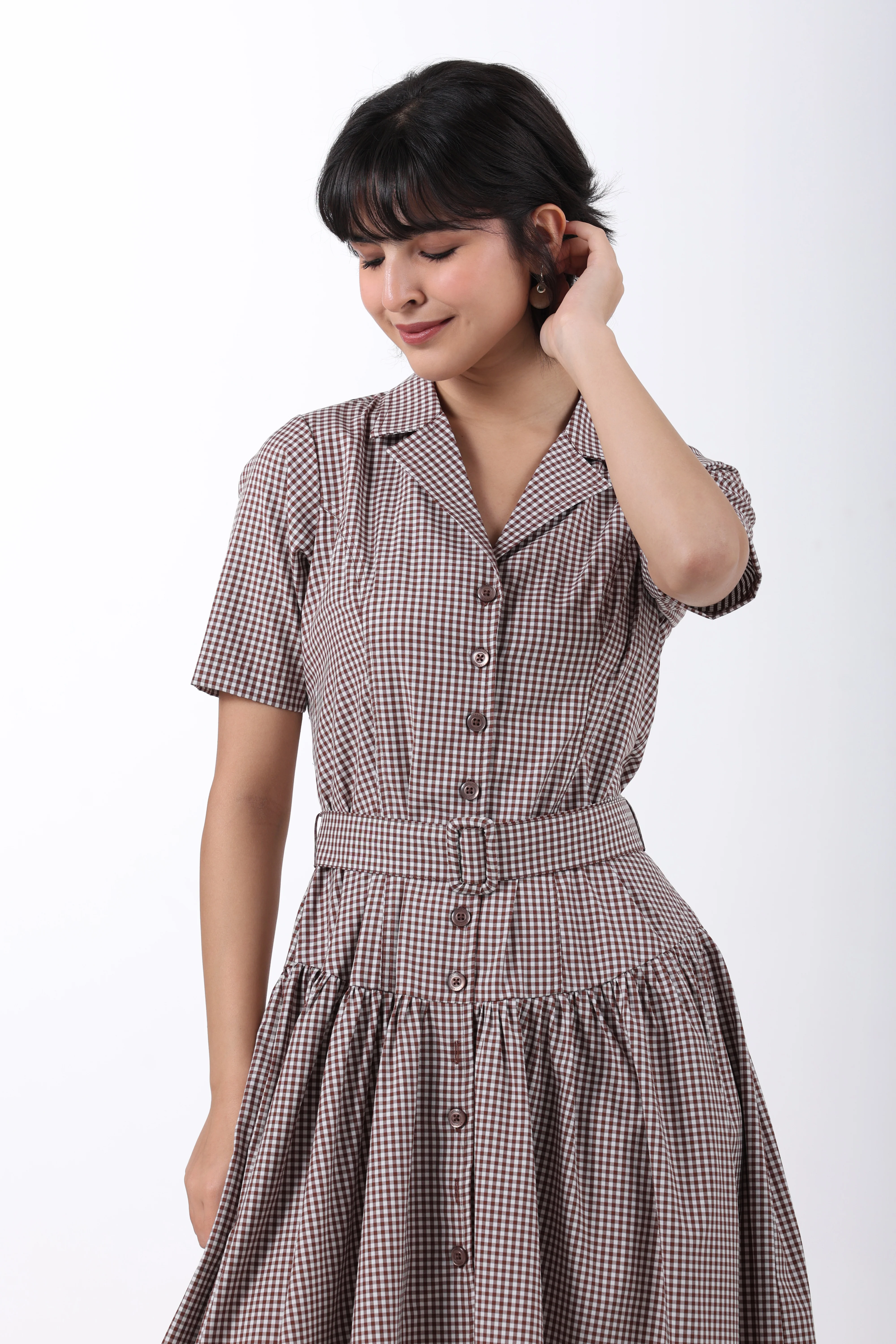 Signature 2-Ply Cotton Gingham Structured Midi Dress – Brown - Image 3