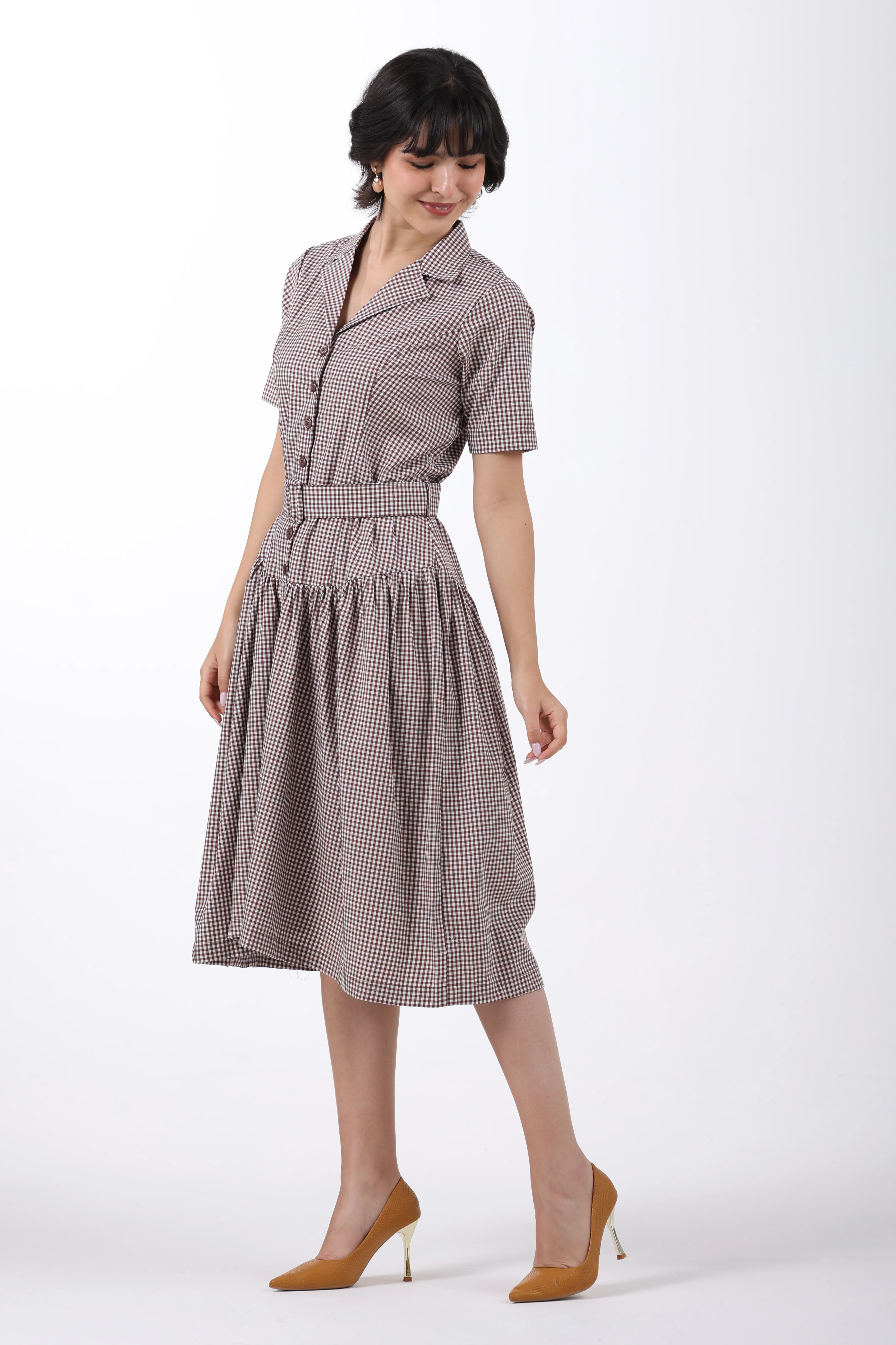 Signature 2-Ply Cotton Gingham Structured Midi Dress – Brown - Image 4