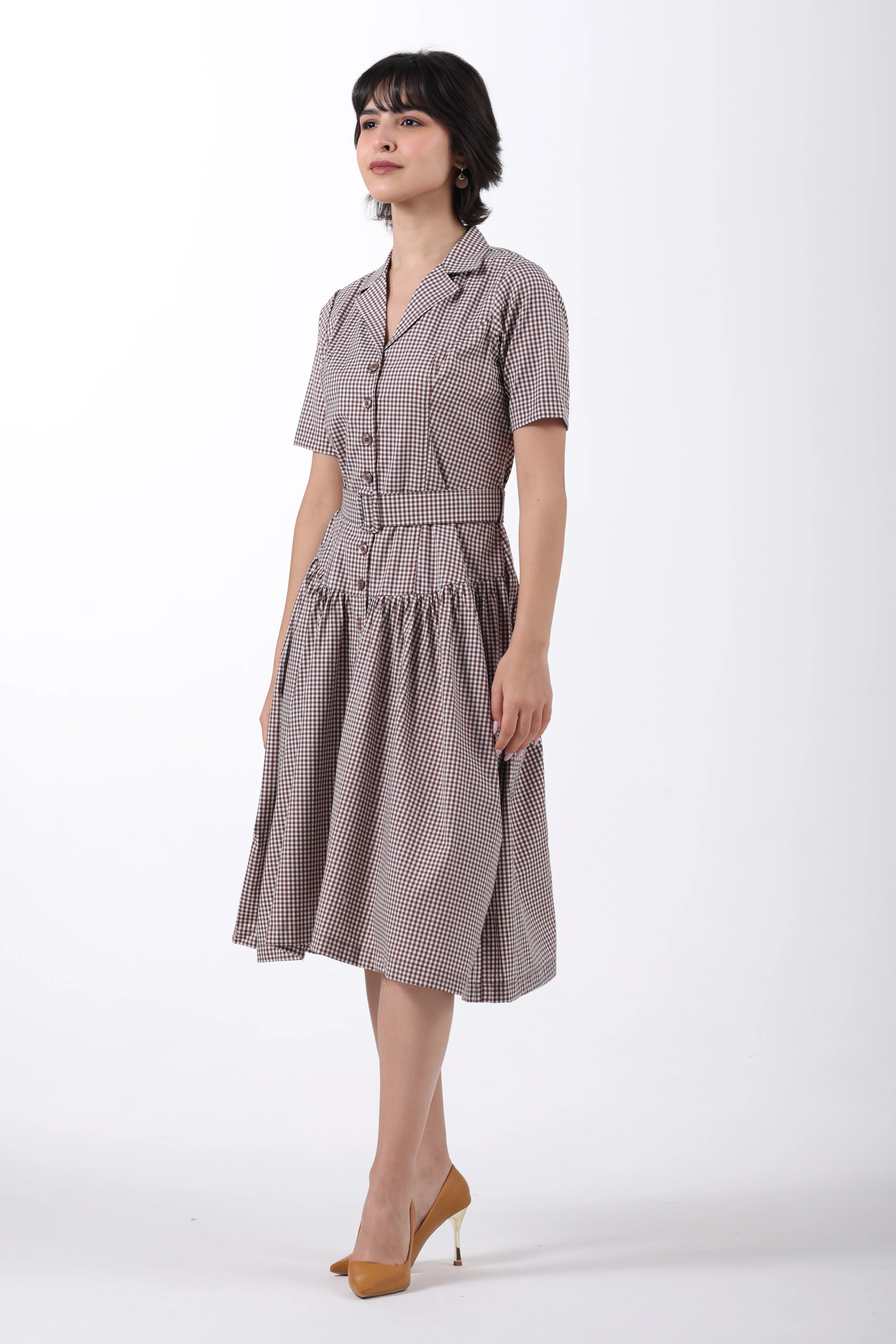 Signature 2-Ply Cotton Gingham Structured Midi Dress – Brown - Image 6