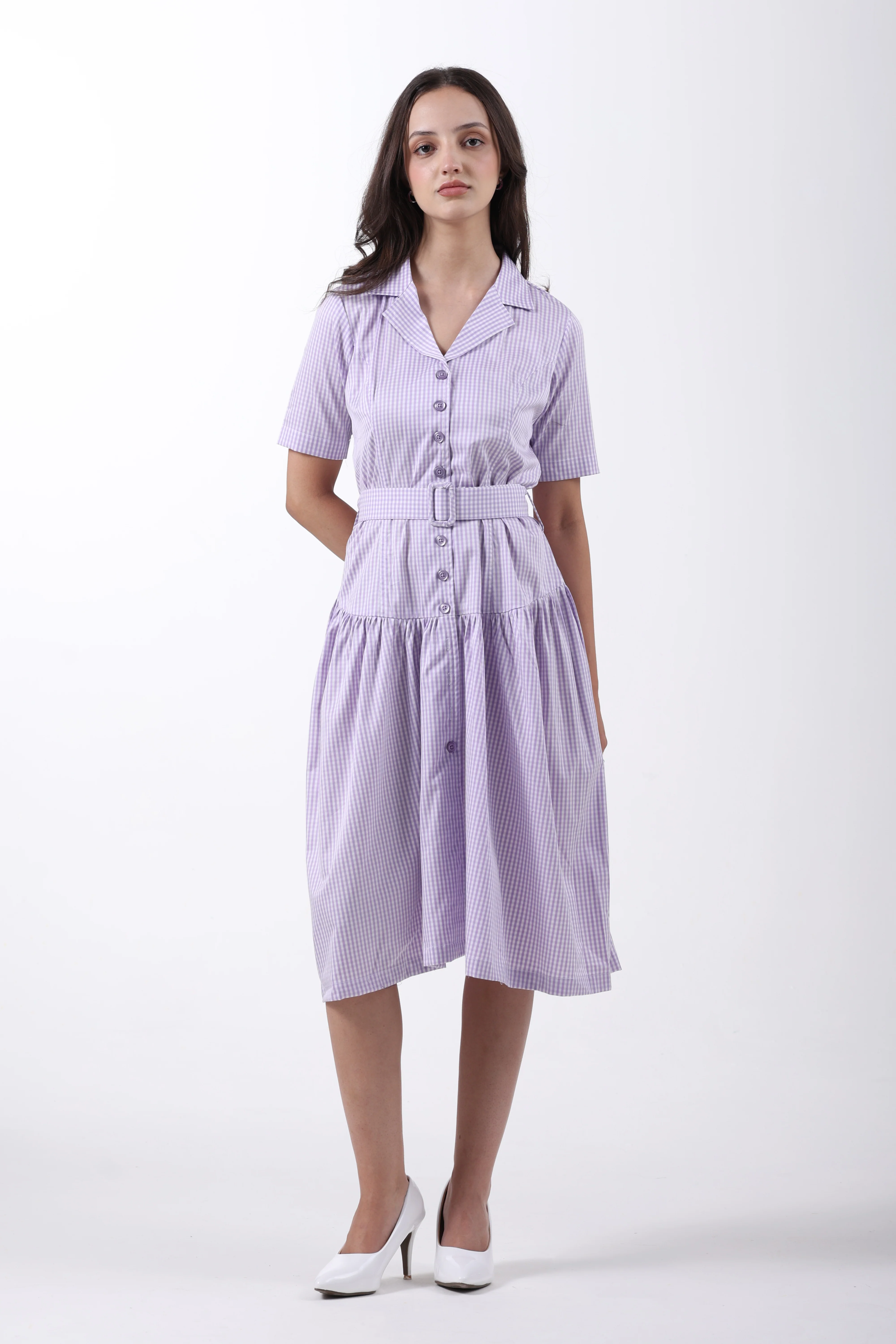 Signature 2-Ply Cotton Gingham Structured Midi Dress – Lilac - Image 2