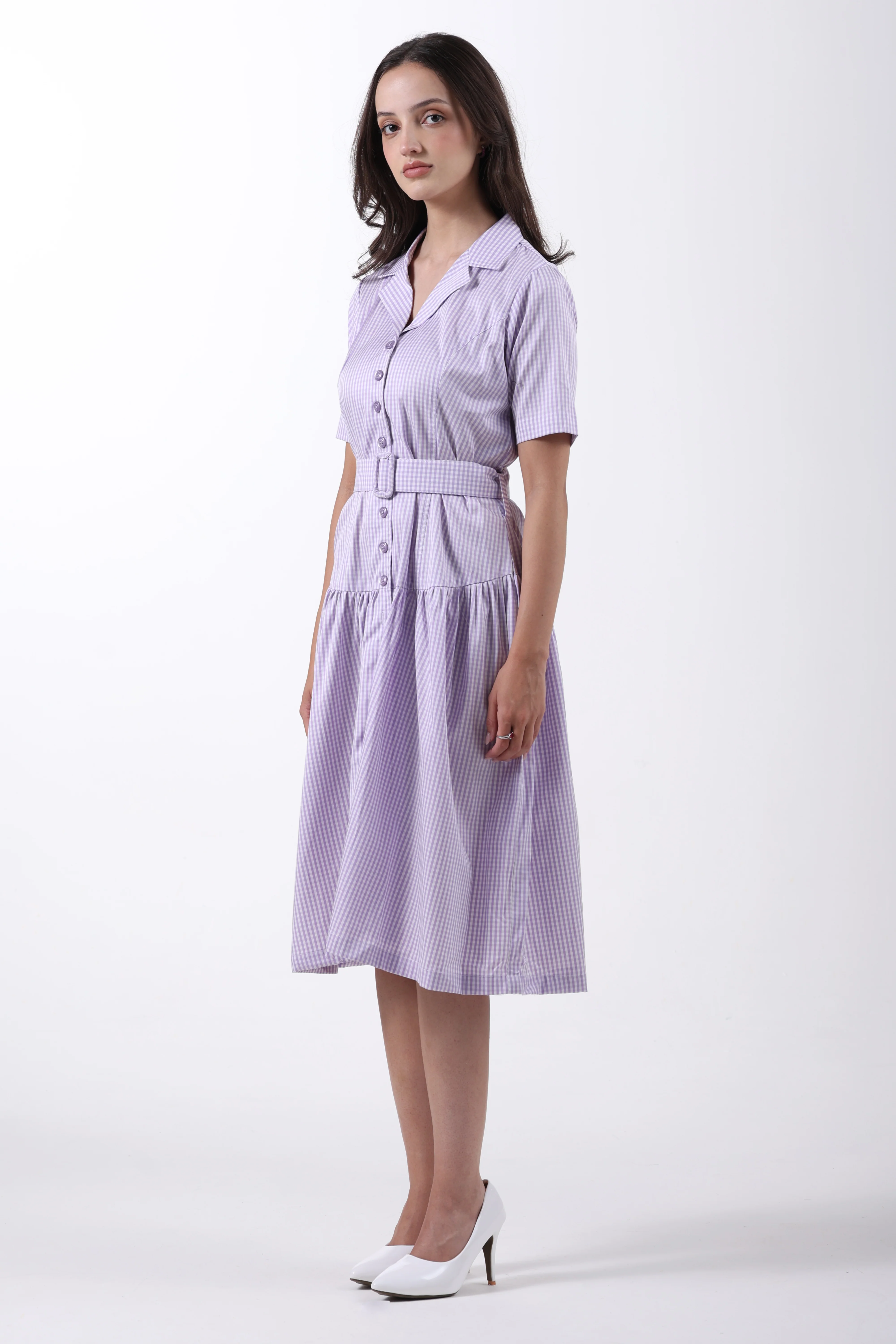 Signature 2-Ply Cotton Gingham Structured Midi Dress – Lilac - Image 6