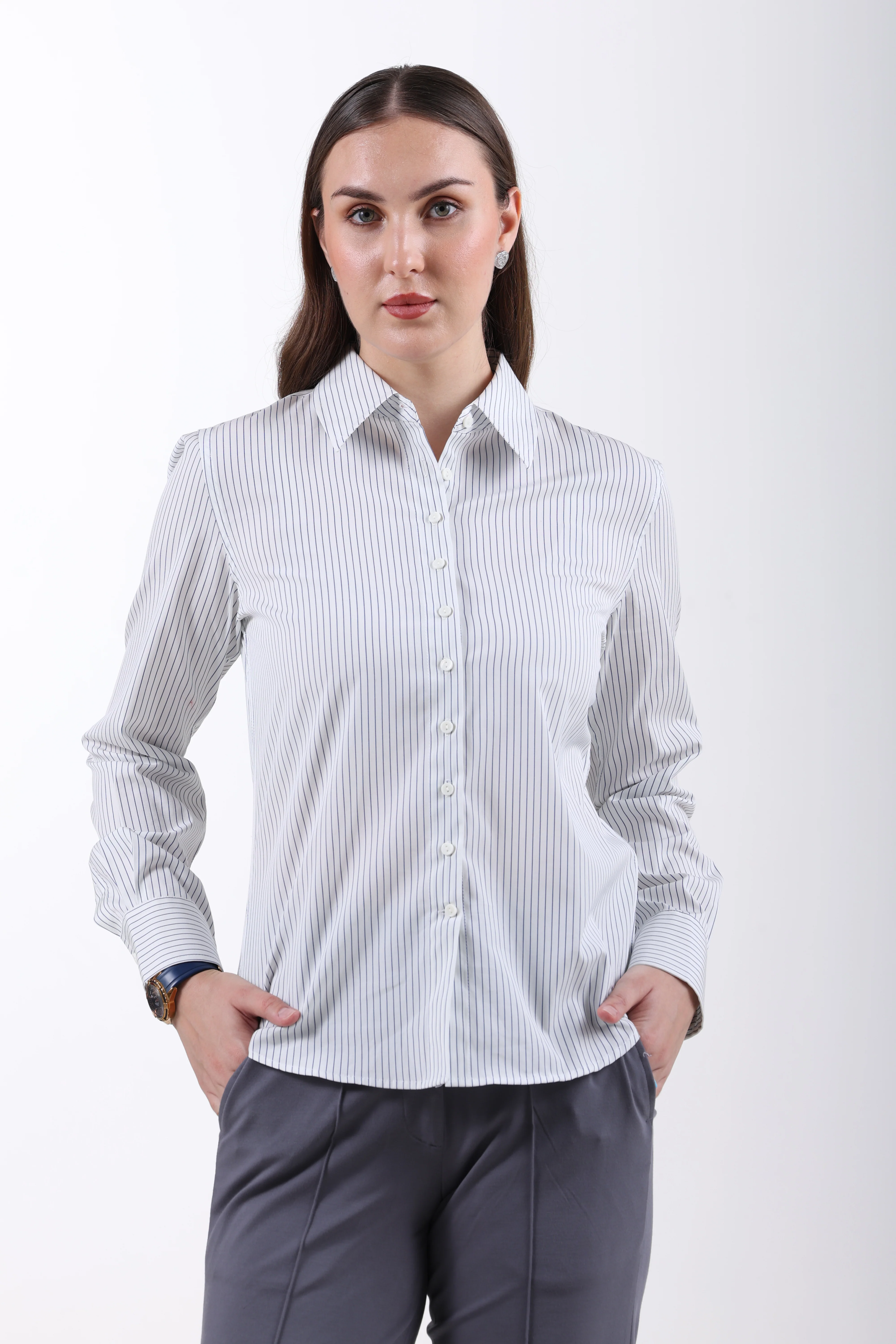 Signature 2-Ply Cotton Pinstripe Regular Fit Shirt – Blue - Image 3