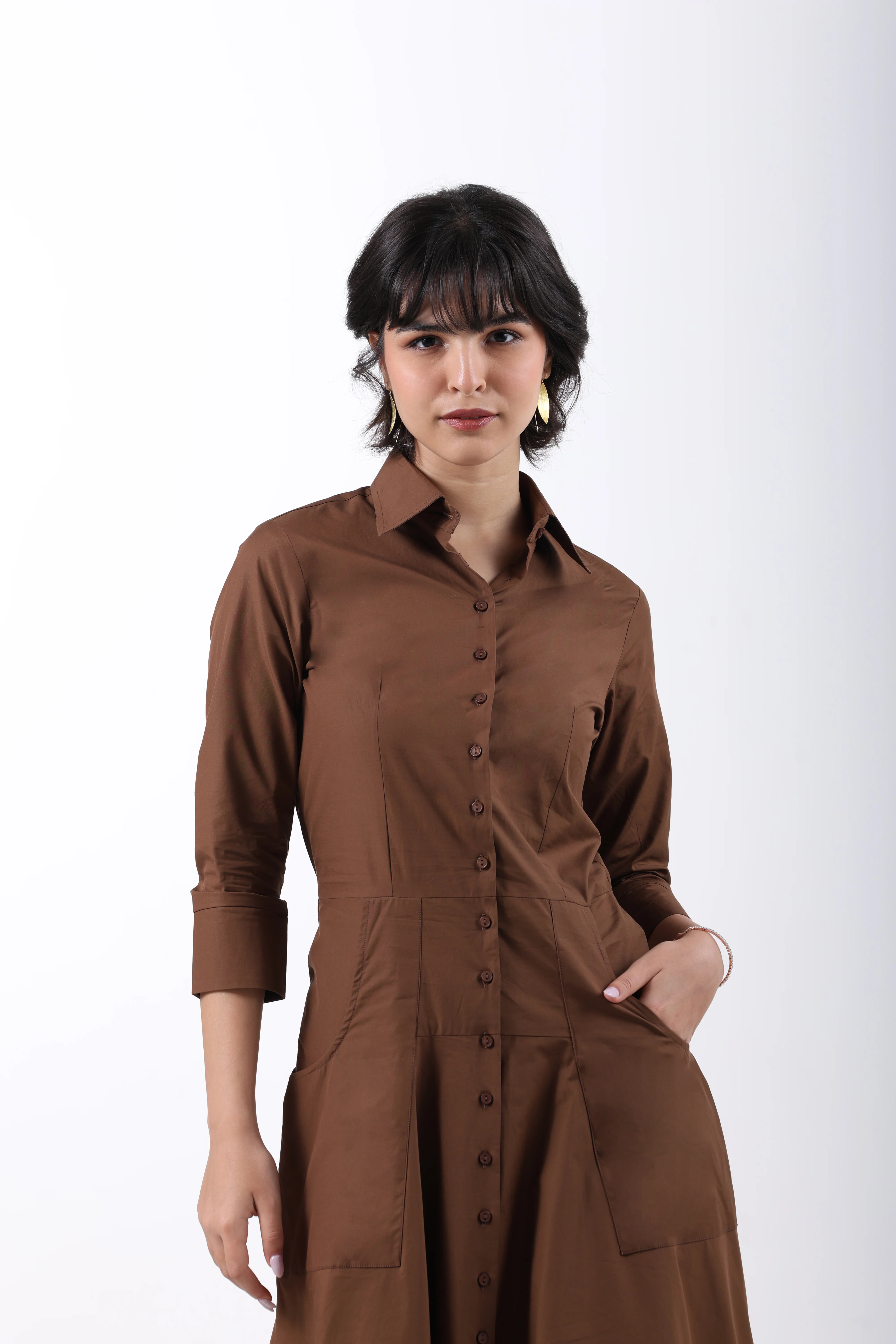 Signature 2-Ply Cotton Shirt Dress – Brown - Image 3
