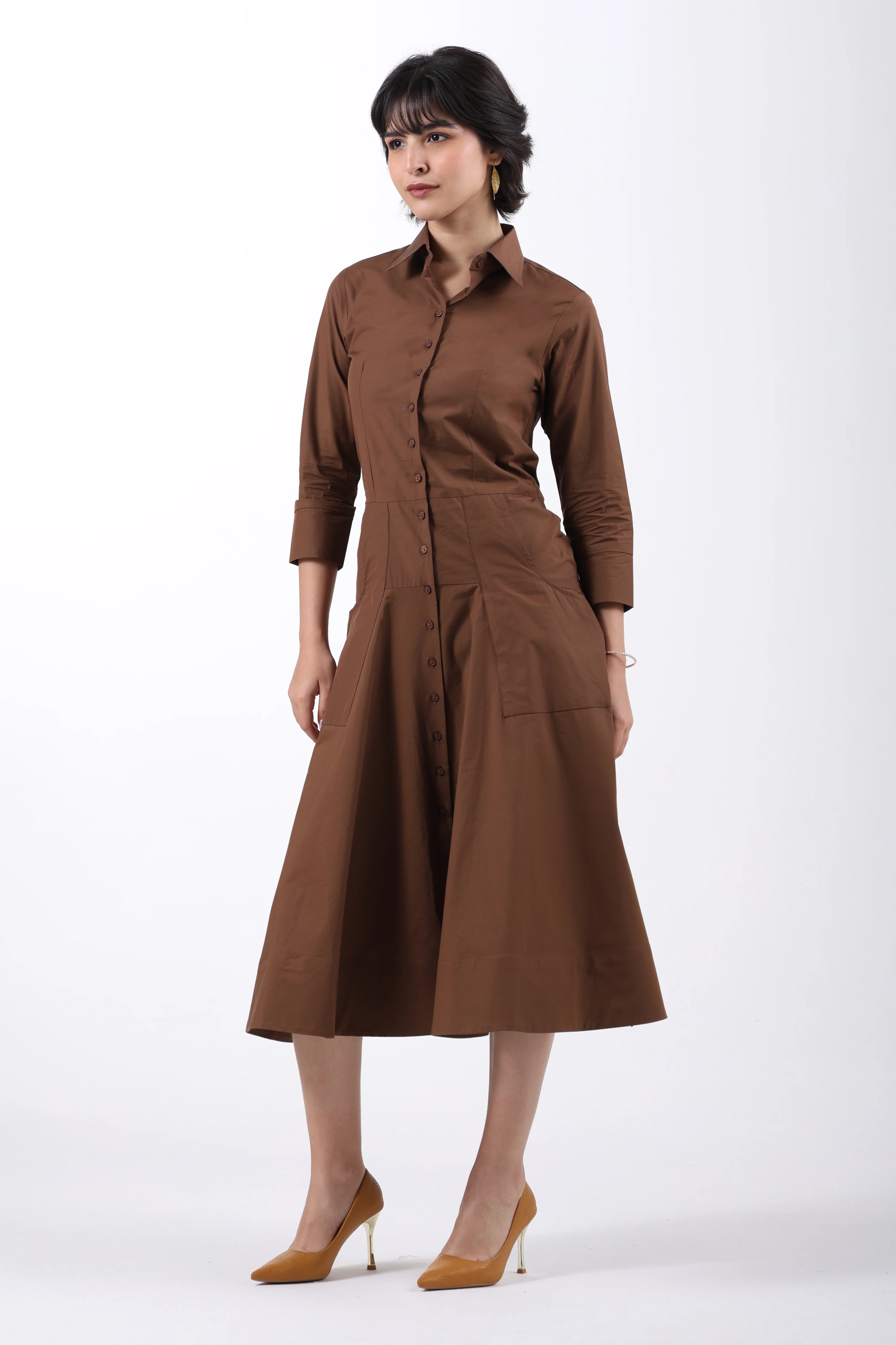 Signature 2-Ply Cotton Shirt Dress – Brown - Image 5