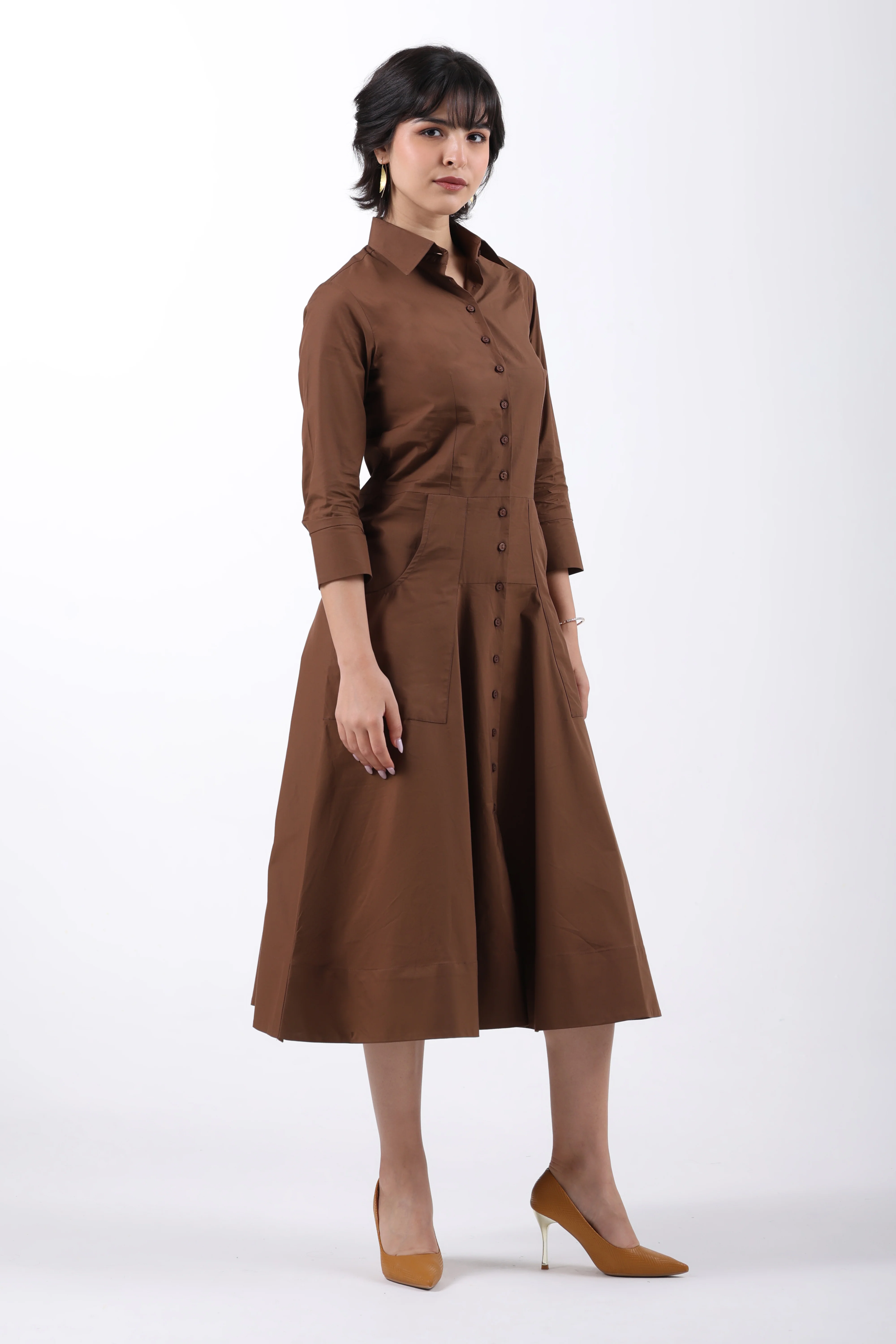Signature 2-Ply Cotton Shirt Dress – Brown - Image 6