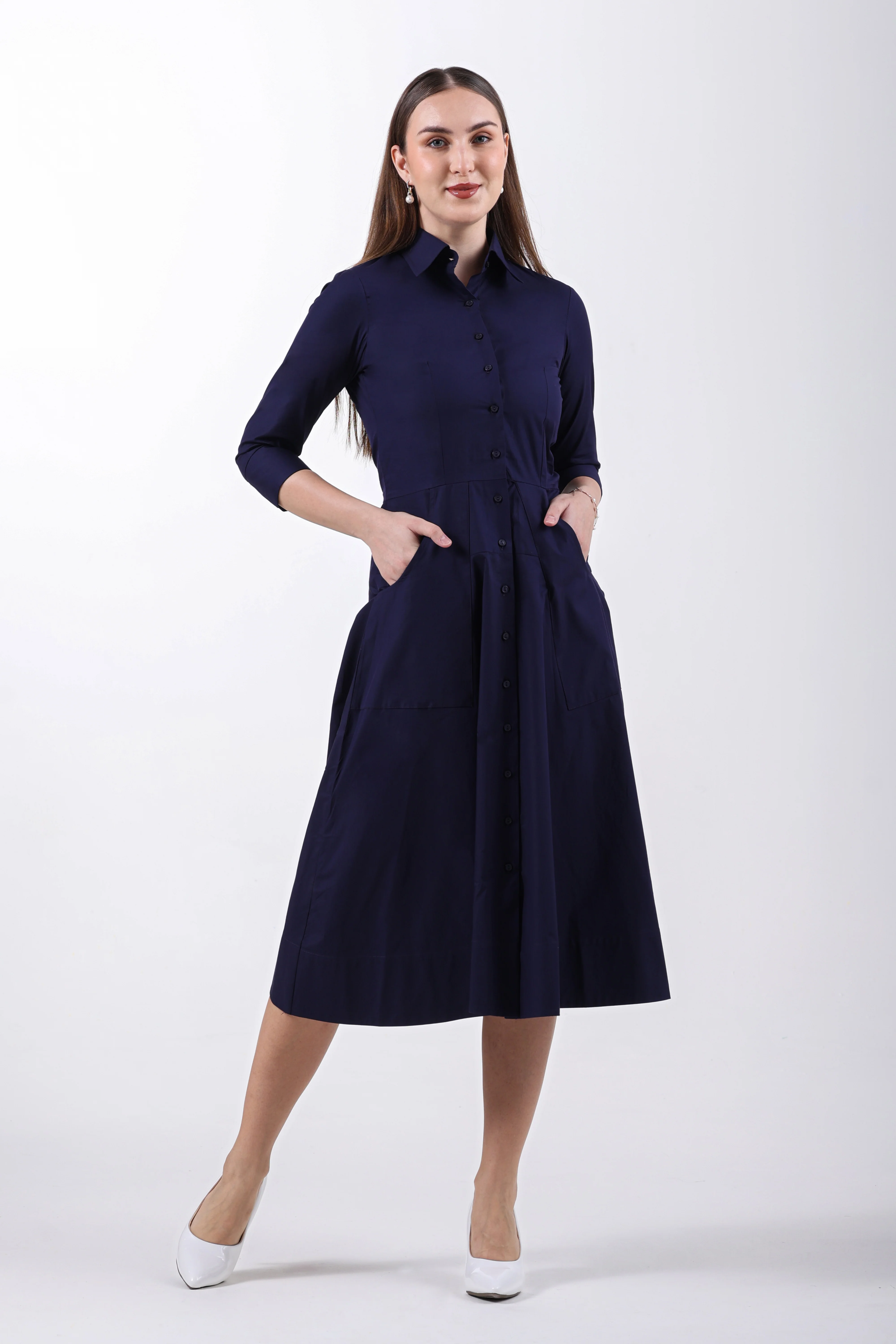 Signature 2-Ply Cotton Shirt Dress – Navy Blue
