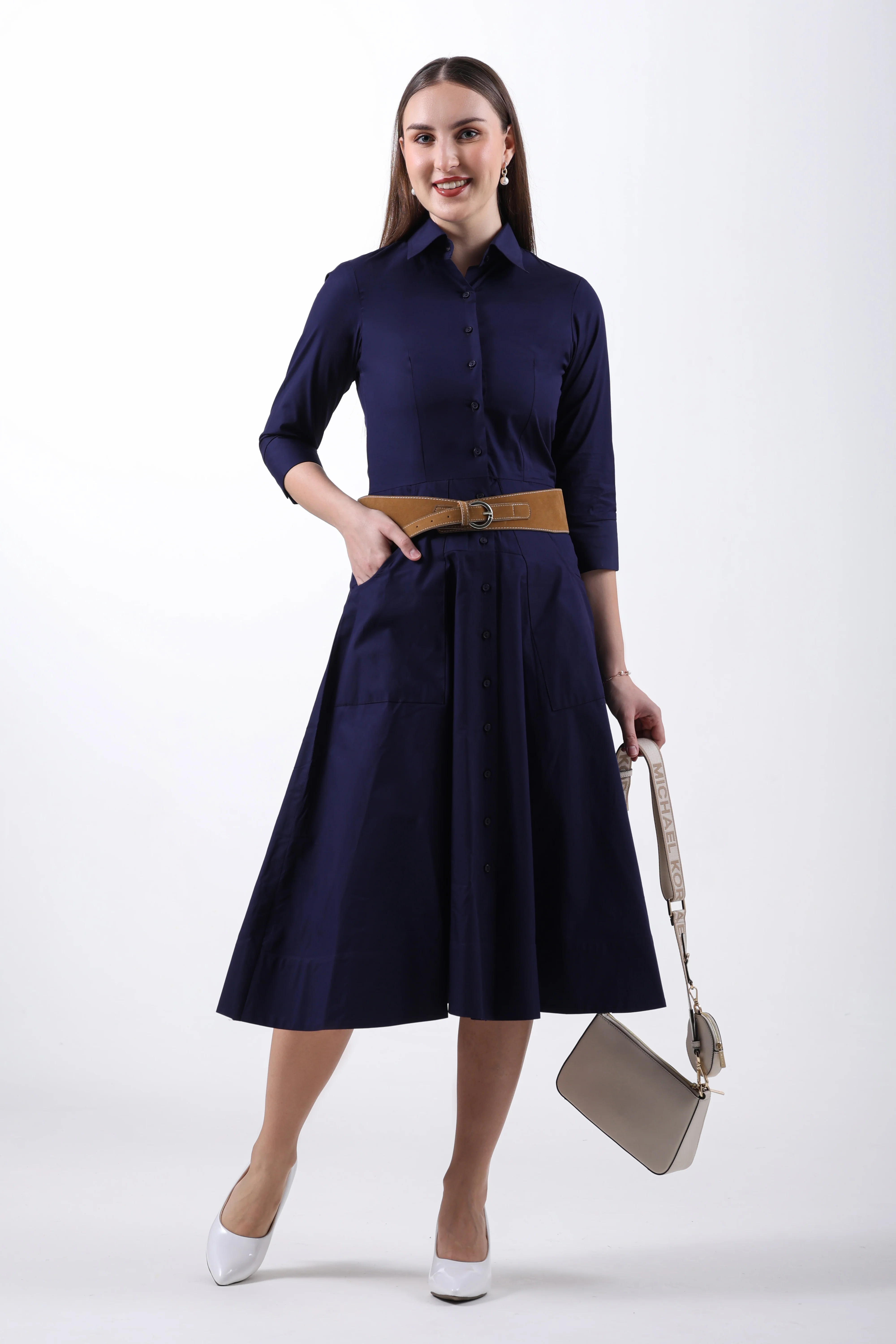 Signature 2-Ply Cotton Shirt Dress – Navy Blue - Image 2