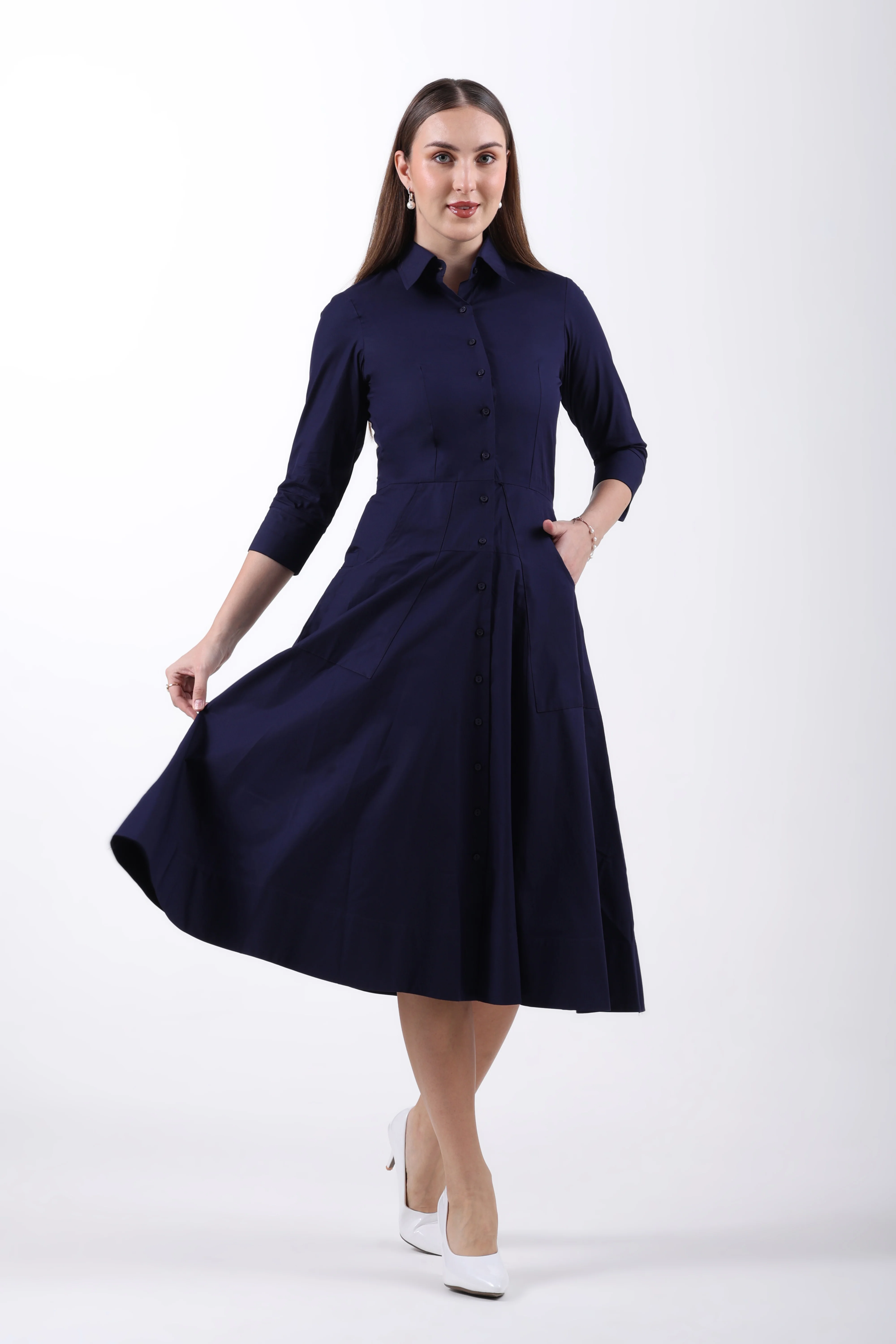 Signature 2-Ply Cotton Shirt Dress – Navy Blue - Image 4