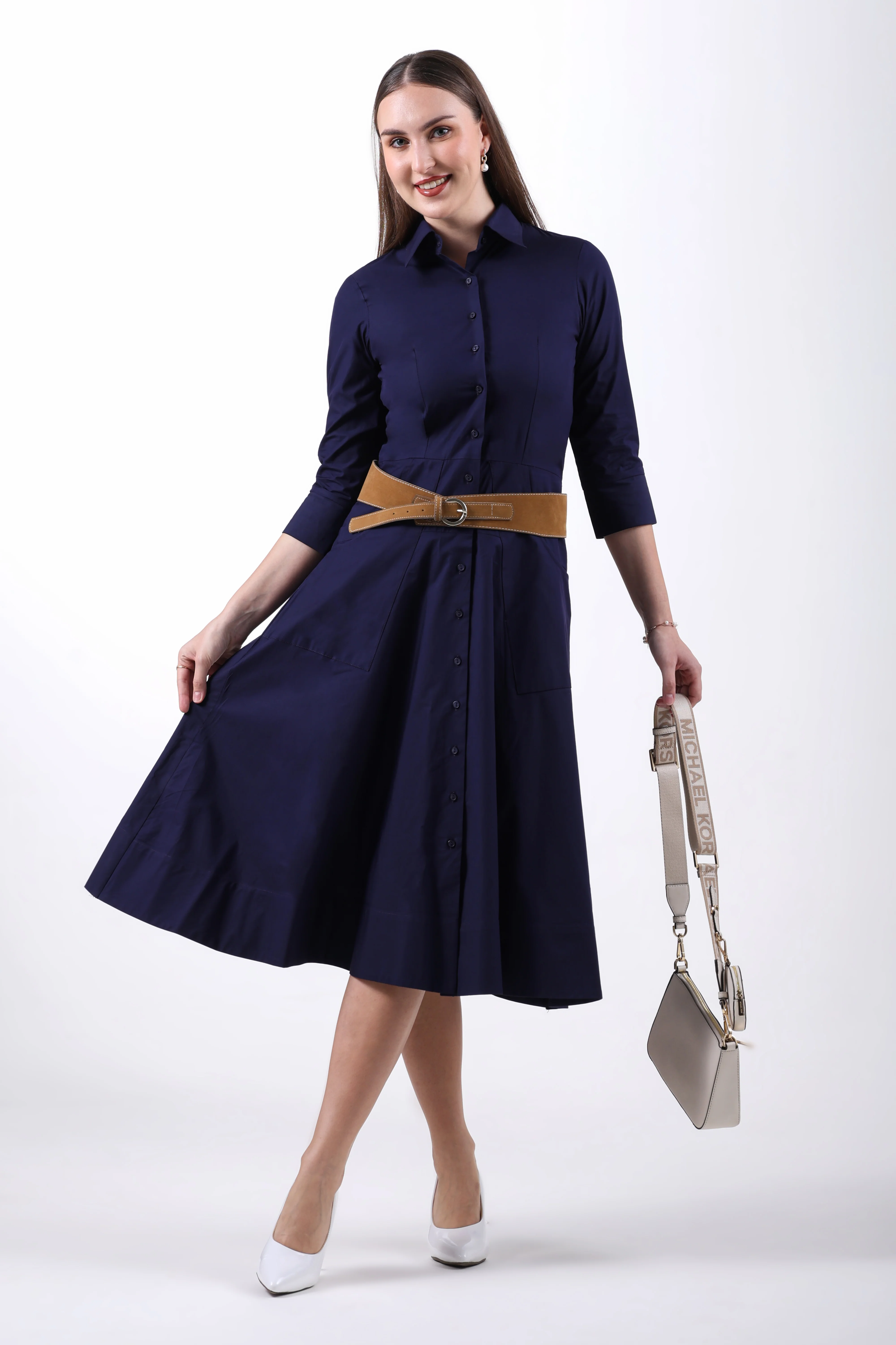 Signature 2-Ply Cotton Shirt Dress – Navy Blue - Image 5