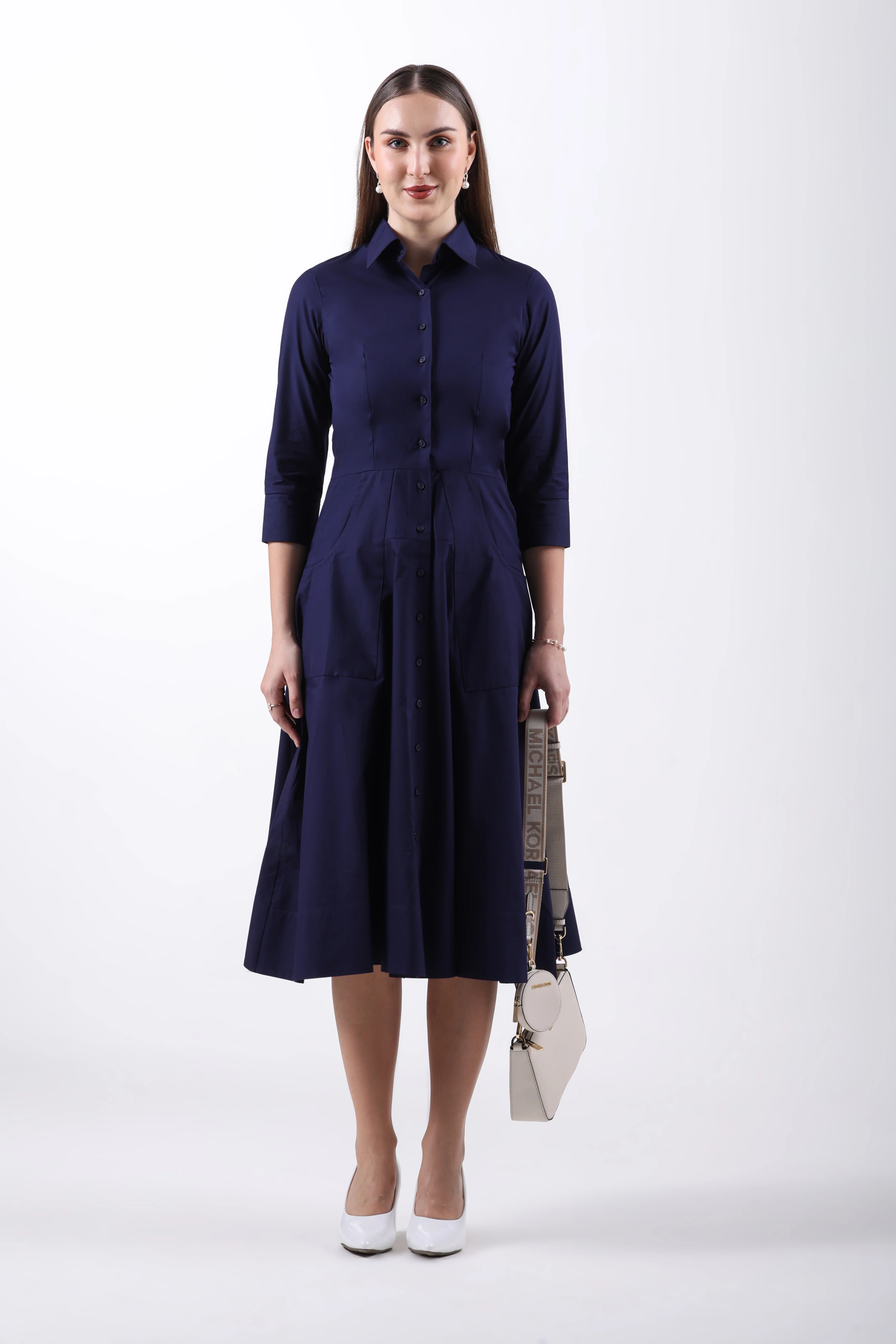 Signature 2-Ply Cotton Shirt Dress – Navy Blue - Image 6