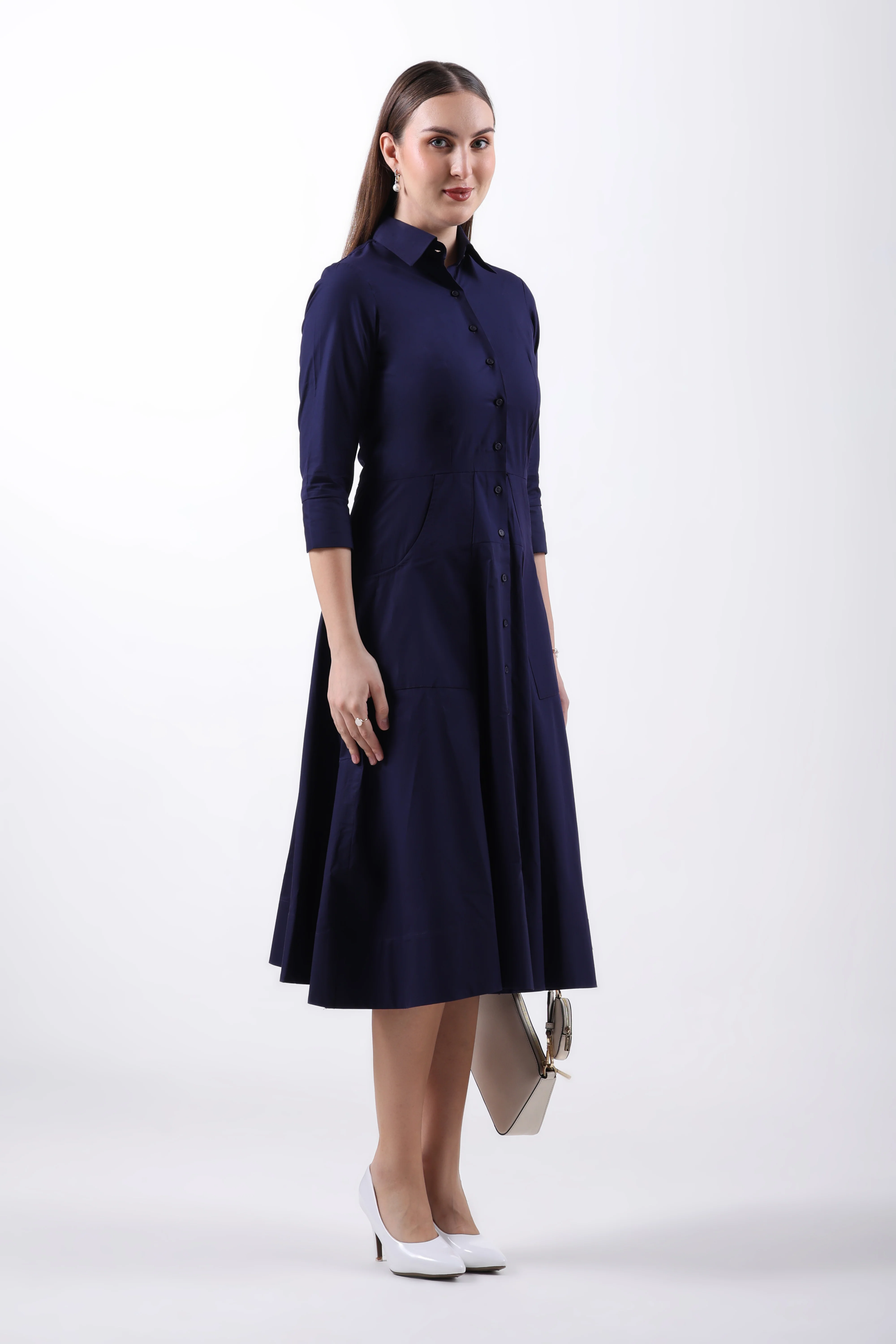 Signature 2-Ply Cotton Shirt Dress – Navy Blue - Image 7