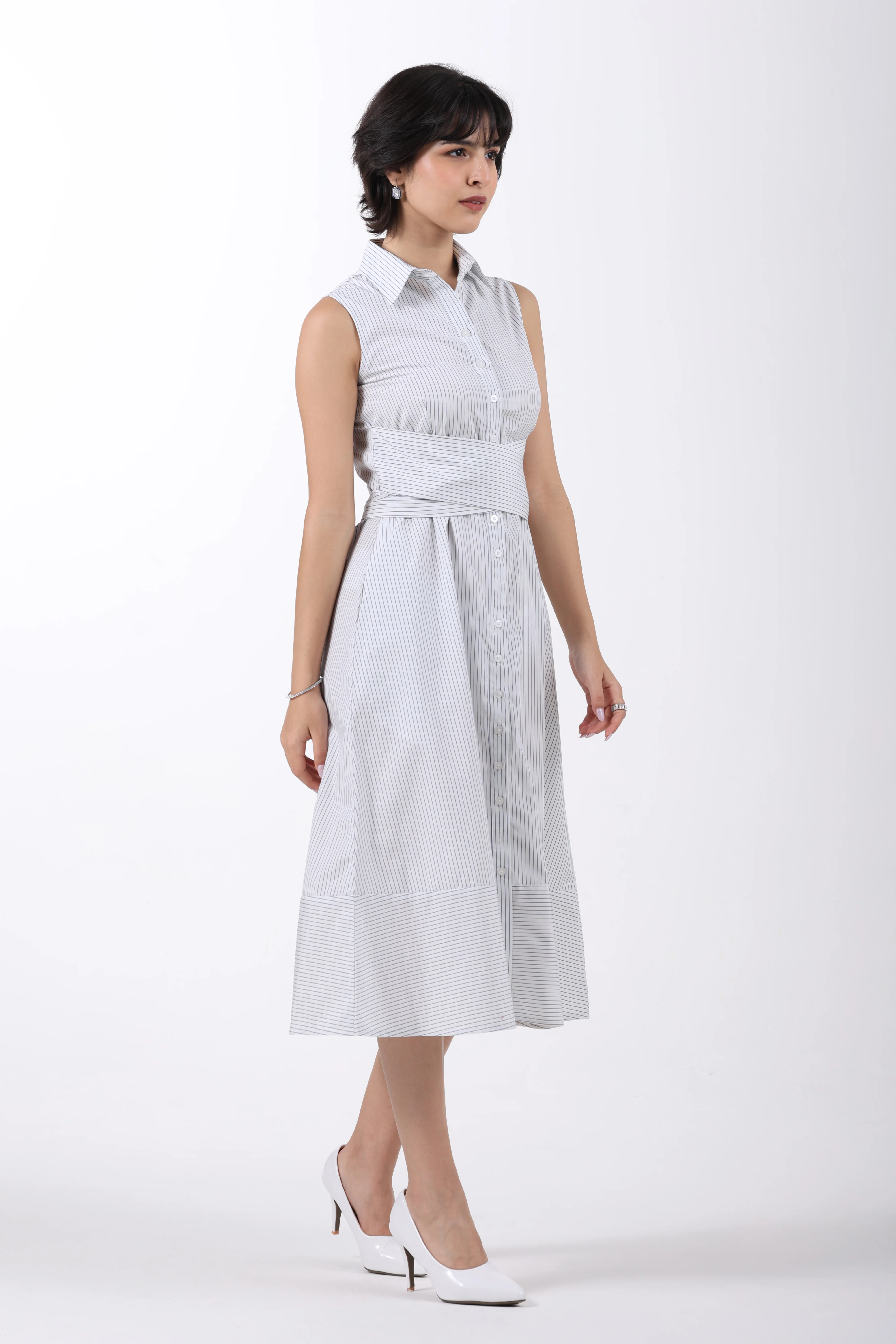 Signature 2-Ply Pinstripe A-Line Dress – Off White & Blue - Image 5