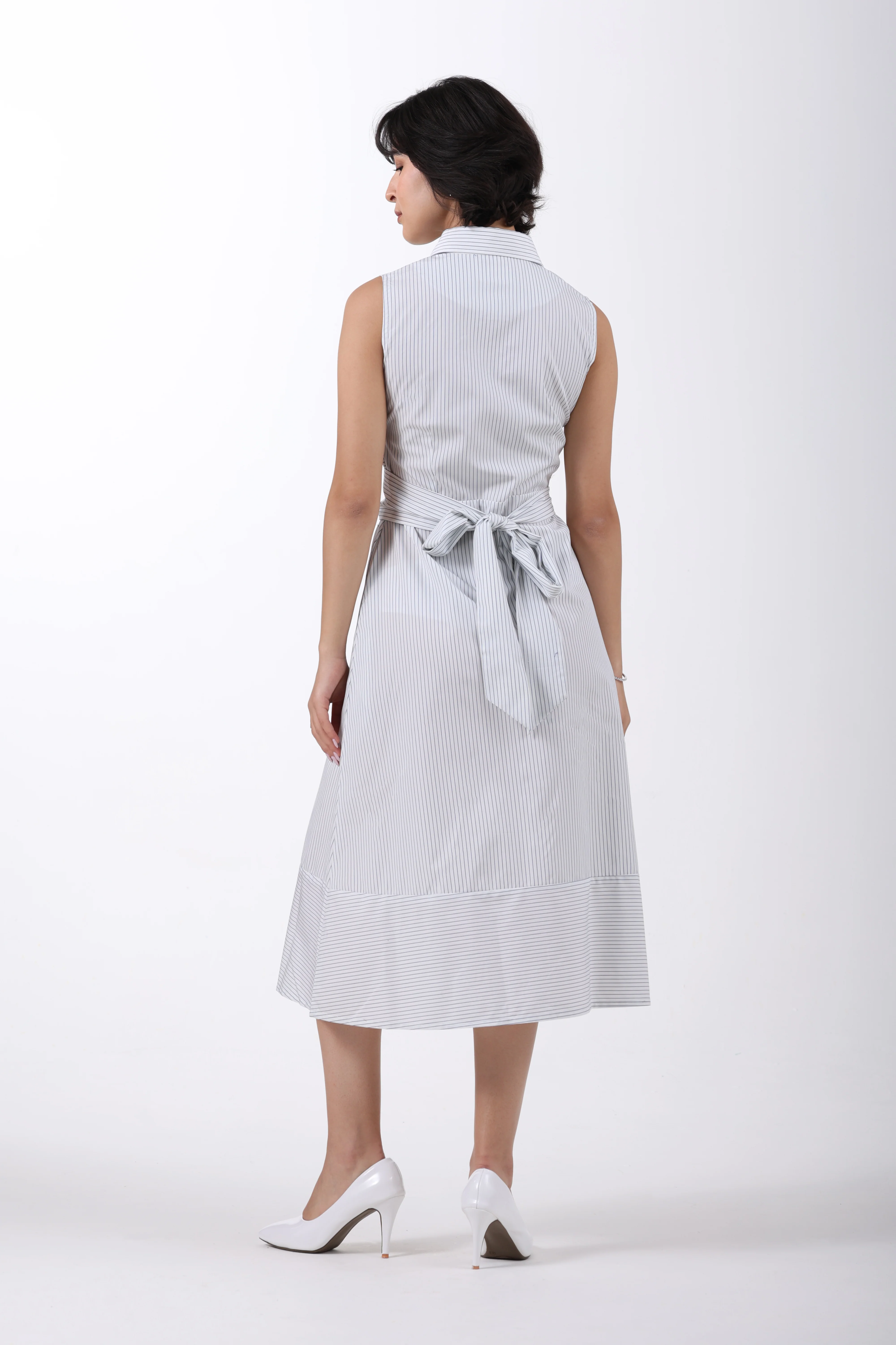 Signature 2-Ply Pinstripe A-Line Dress – Off White & Blue - Image 6
