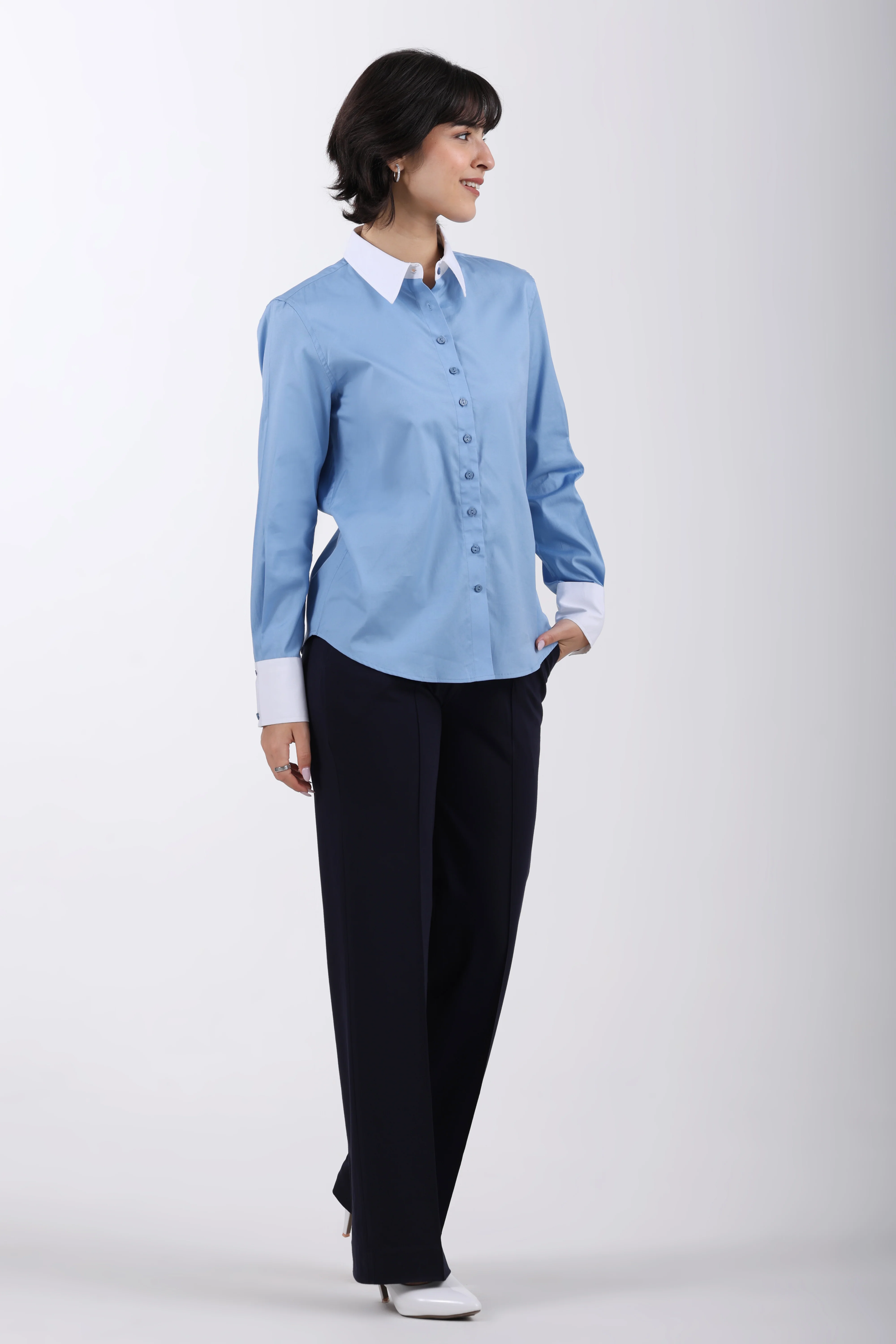 Signature Twill 2-Ply Cotton Contrast Collar Shirt – Sky Blue - Image 3