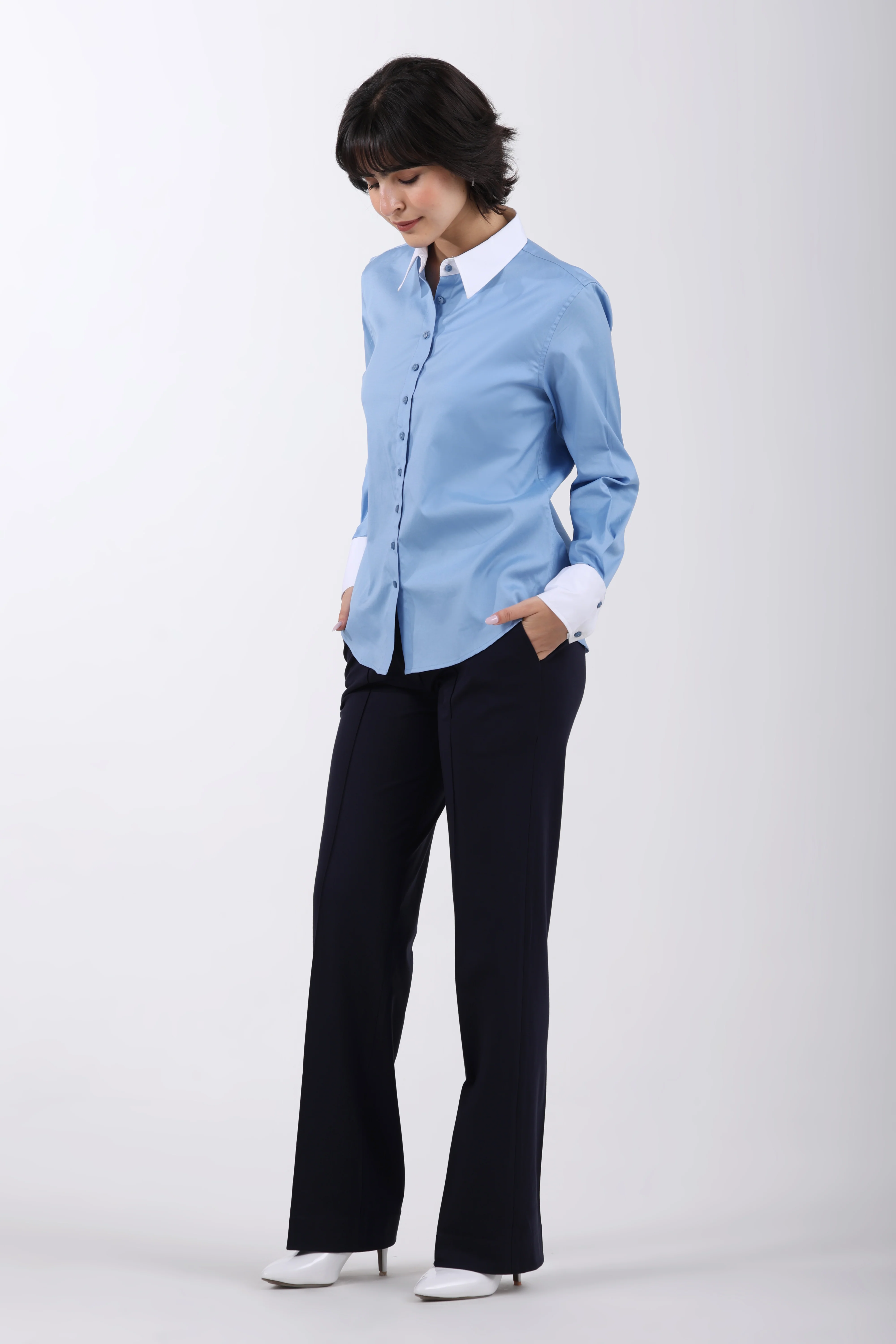 Signature Twill 2-Ply Cotton Contrast Collar Shirt – Sky Blue - Image 4