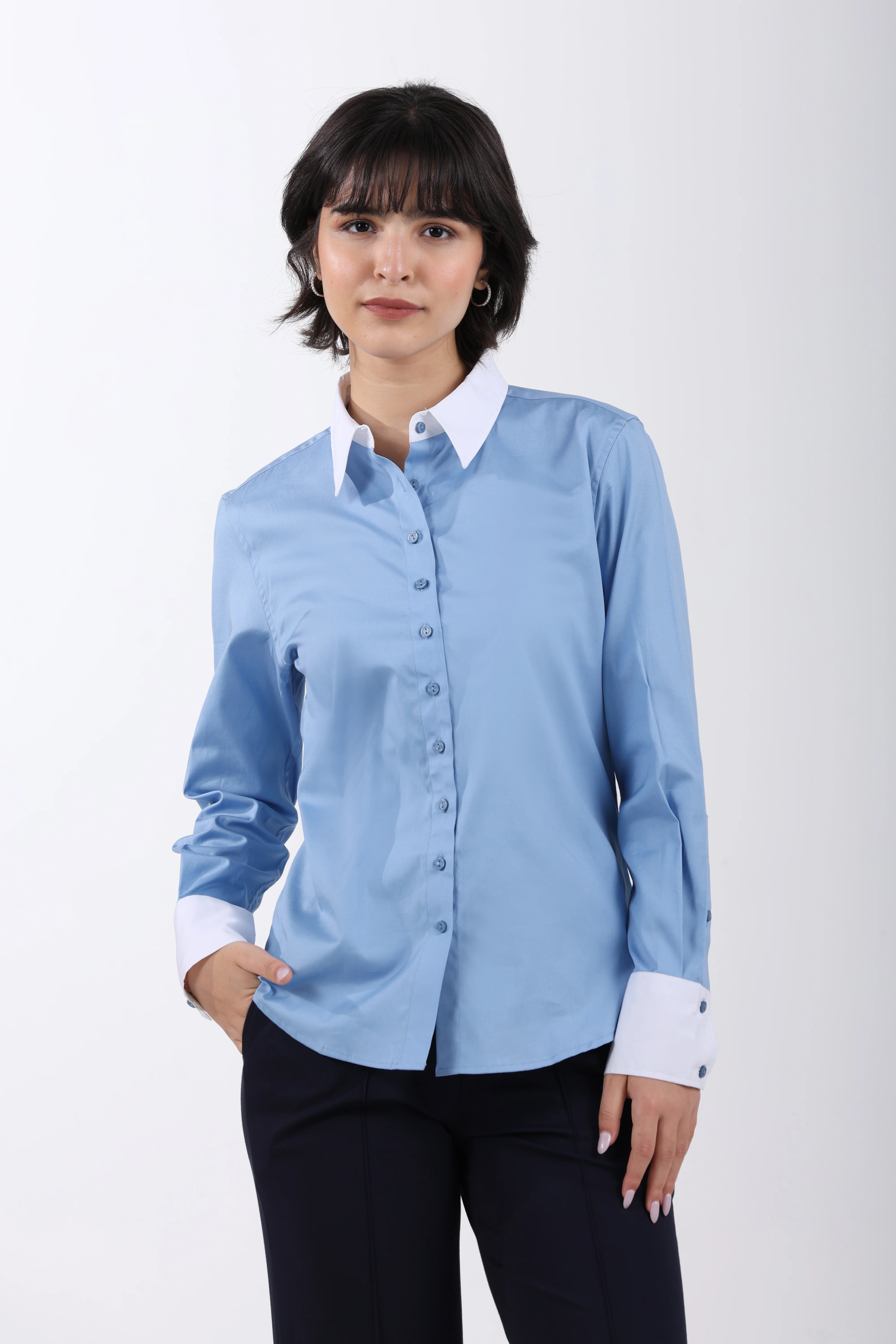 Signature Twill 2-Ply Cotton Contrast Collar Shirt – Sky Blue - Image 5