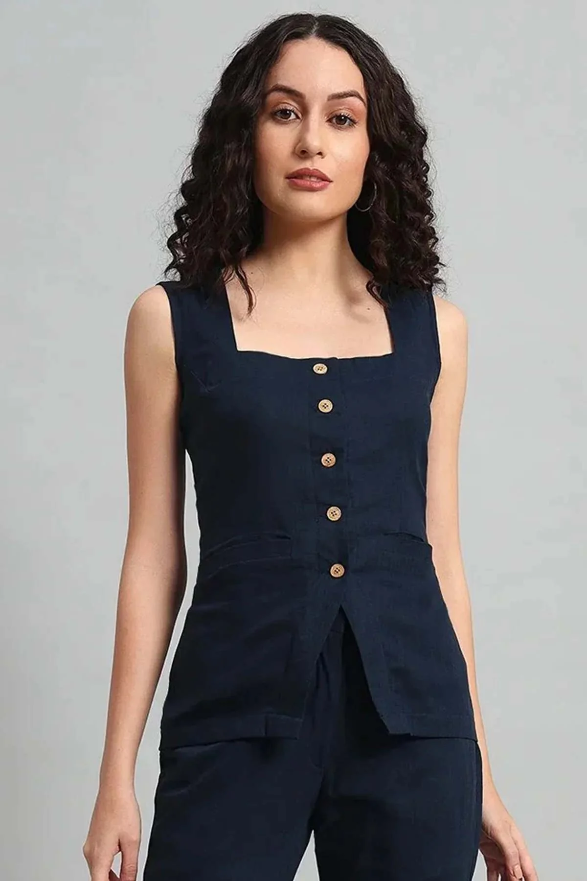 Square Neck Linen Vest – Navy Blue