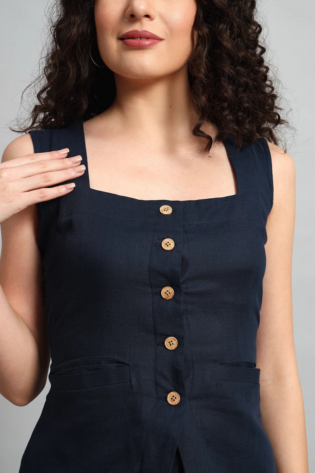 Square Neck Linen Vest – Navy Blue - Image 2