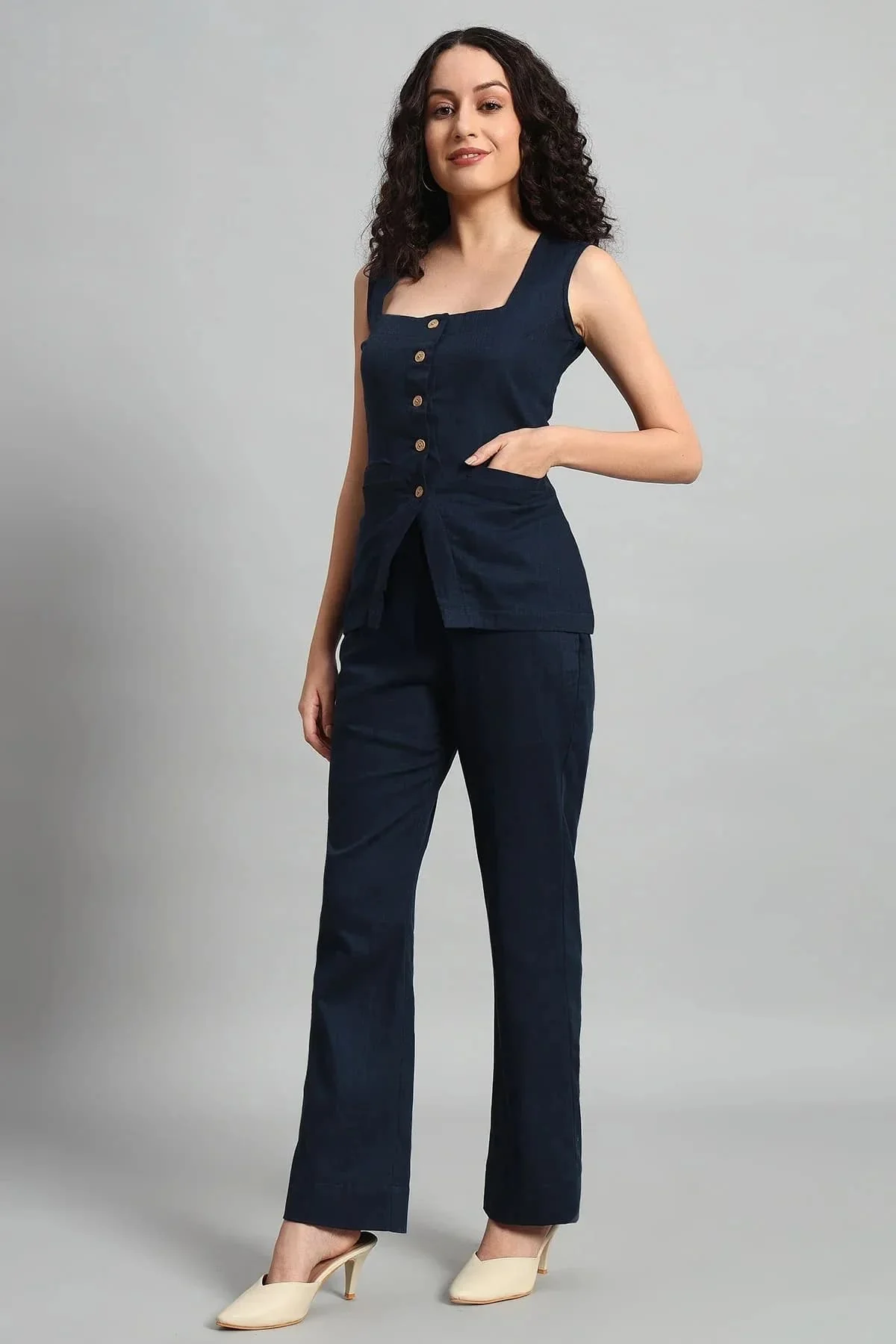 Square Neck Linen Vest – Navy Blue - Image 4