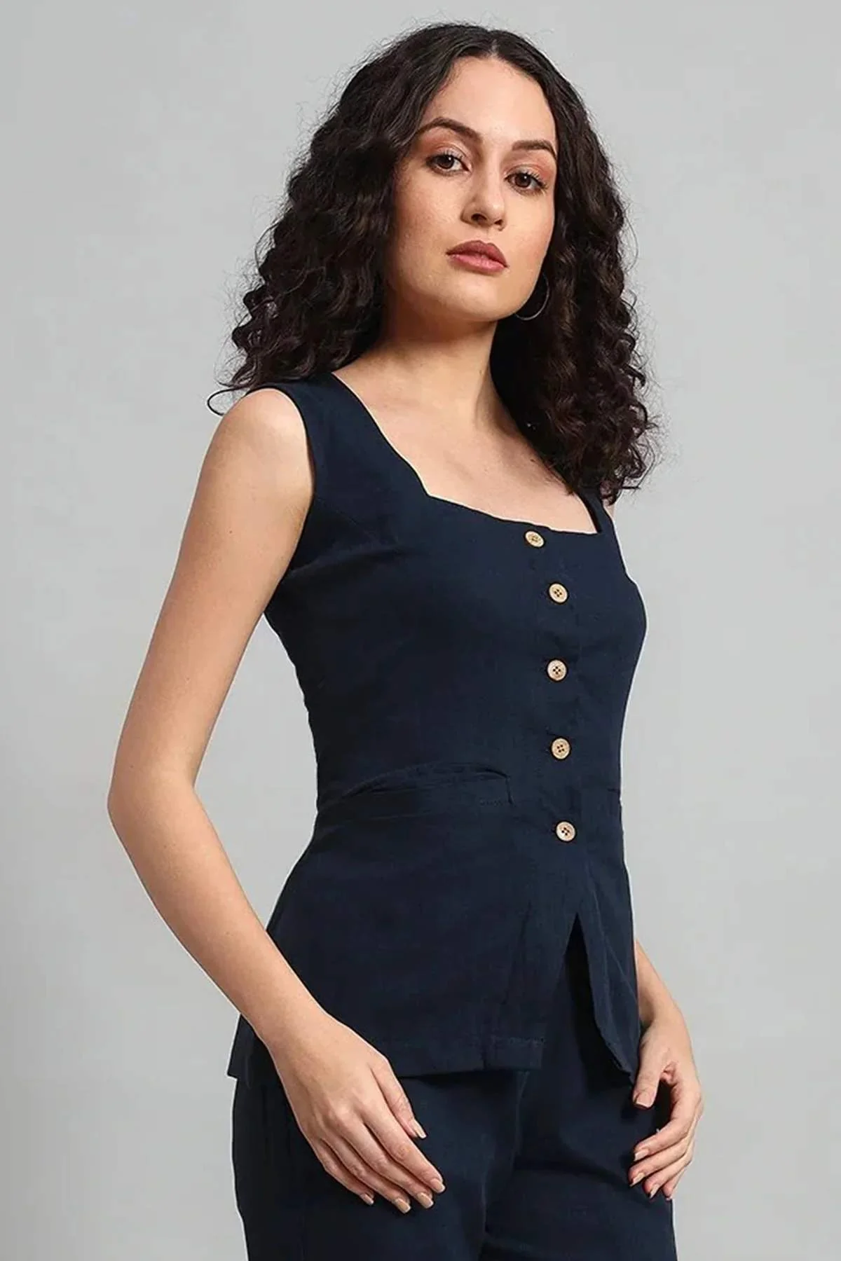 Square Neck Linen Vest – Navy Blue - Image 5
