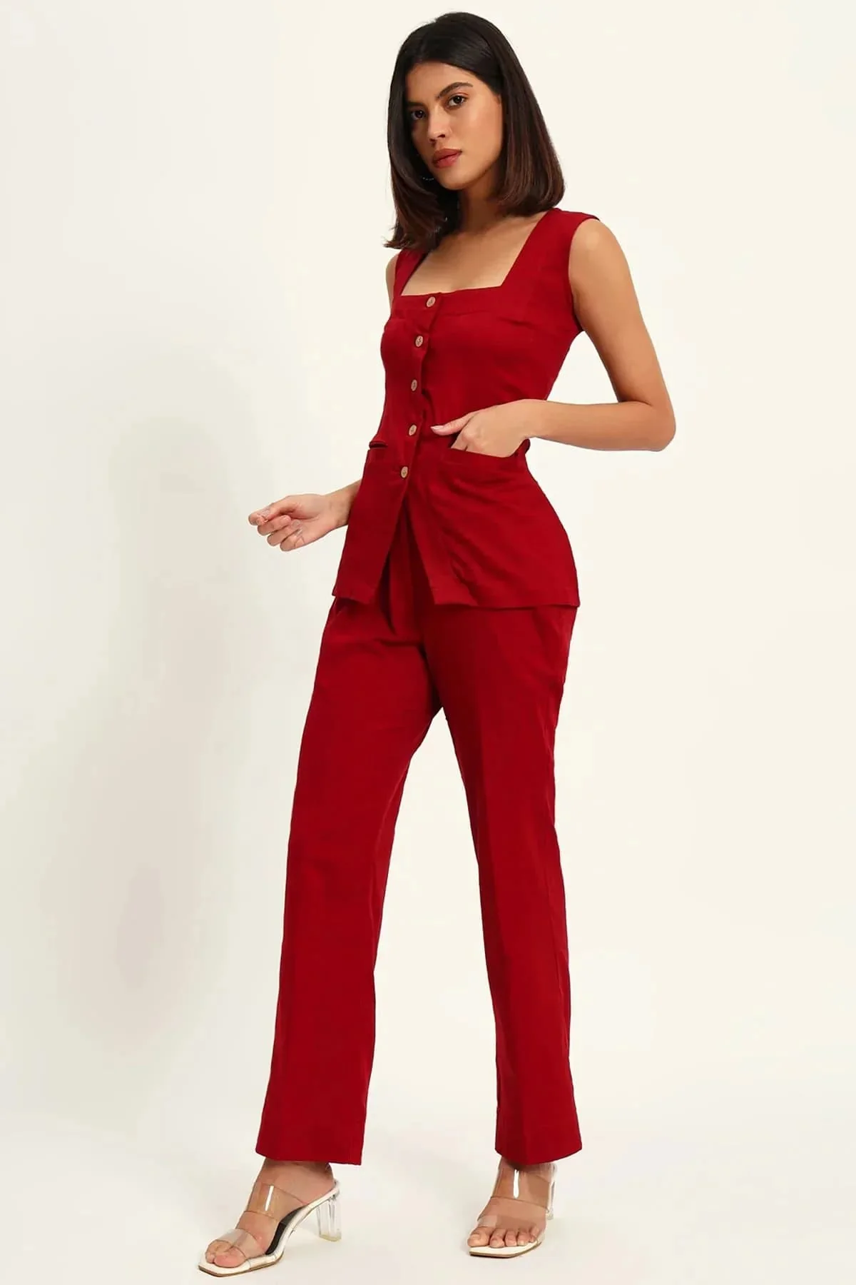 Square Neck Linen Vest – Red - Image 4
