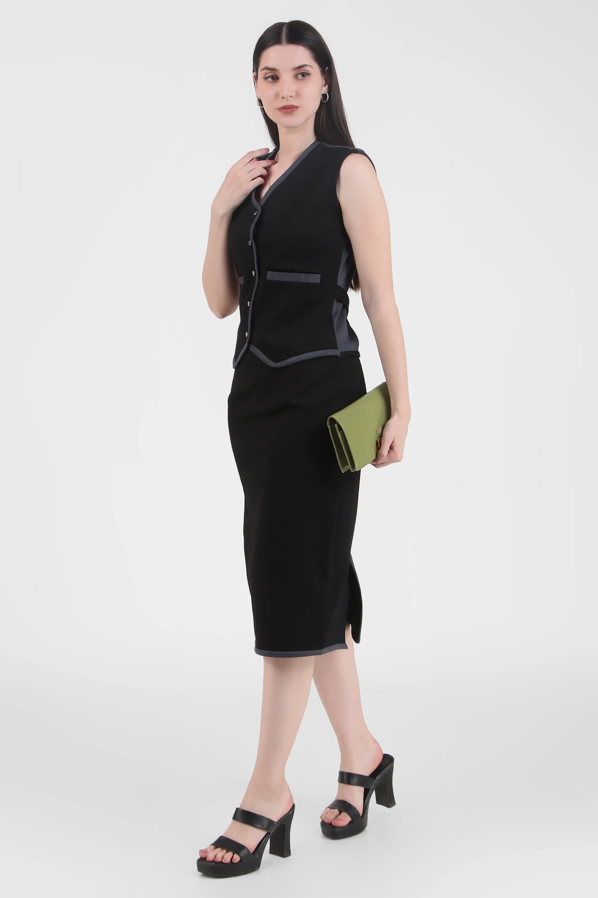 Tailored Vest Pencil Midi Dress – Black & Grey - Image 2