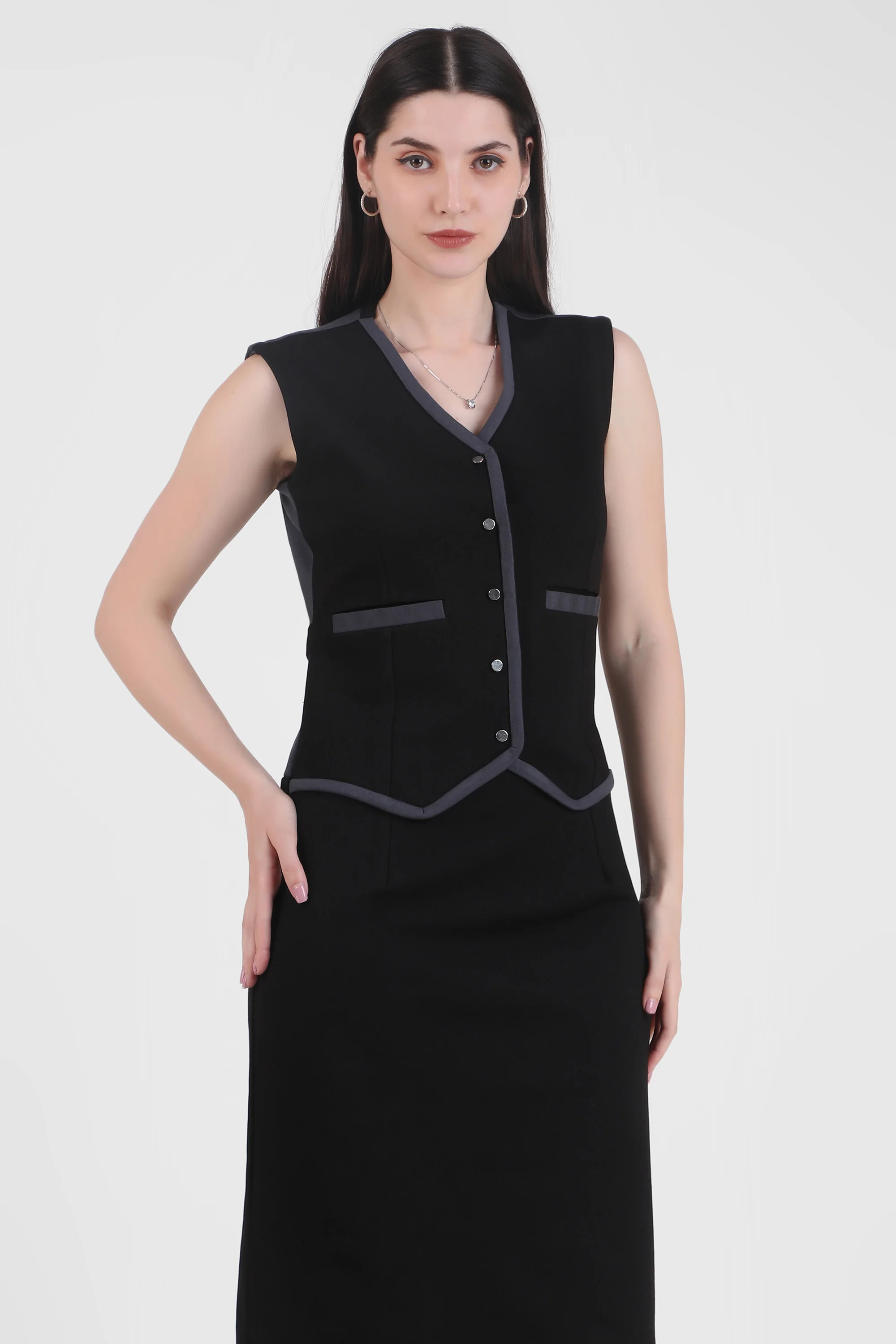 Tailored Vest Pencil Midi Dress – Black & Grey - Image 3