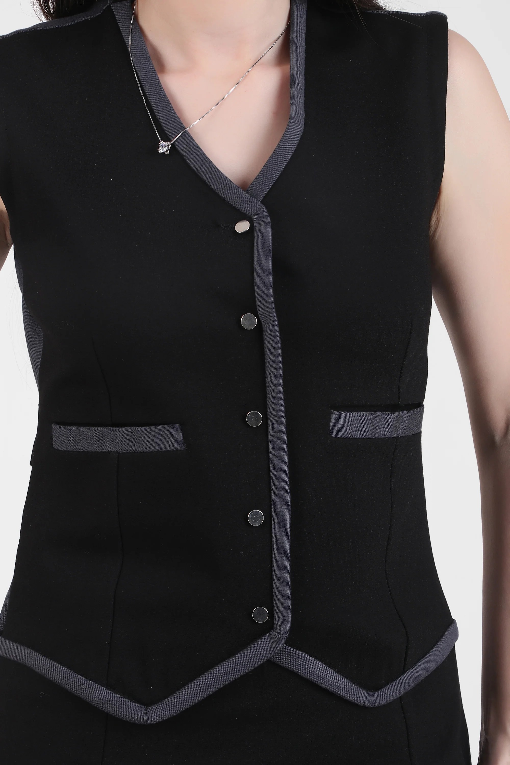 Tailored Vest Pencil Midi Dress – Black & Grey - Image 4