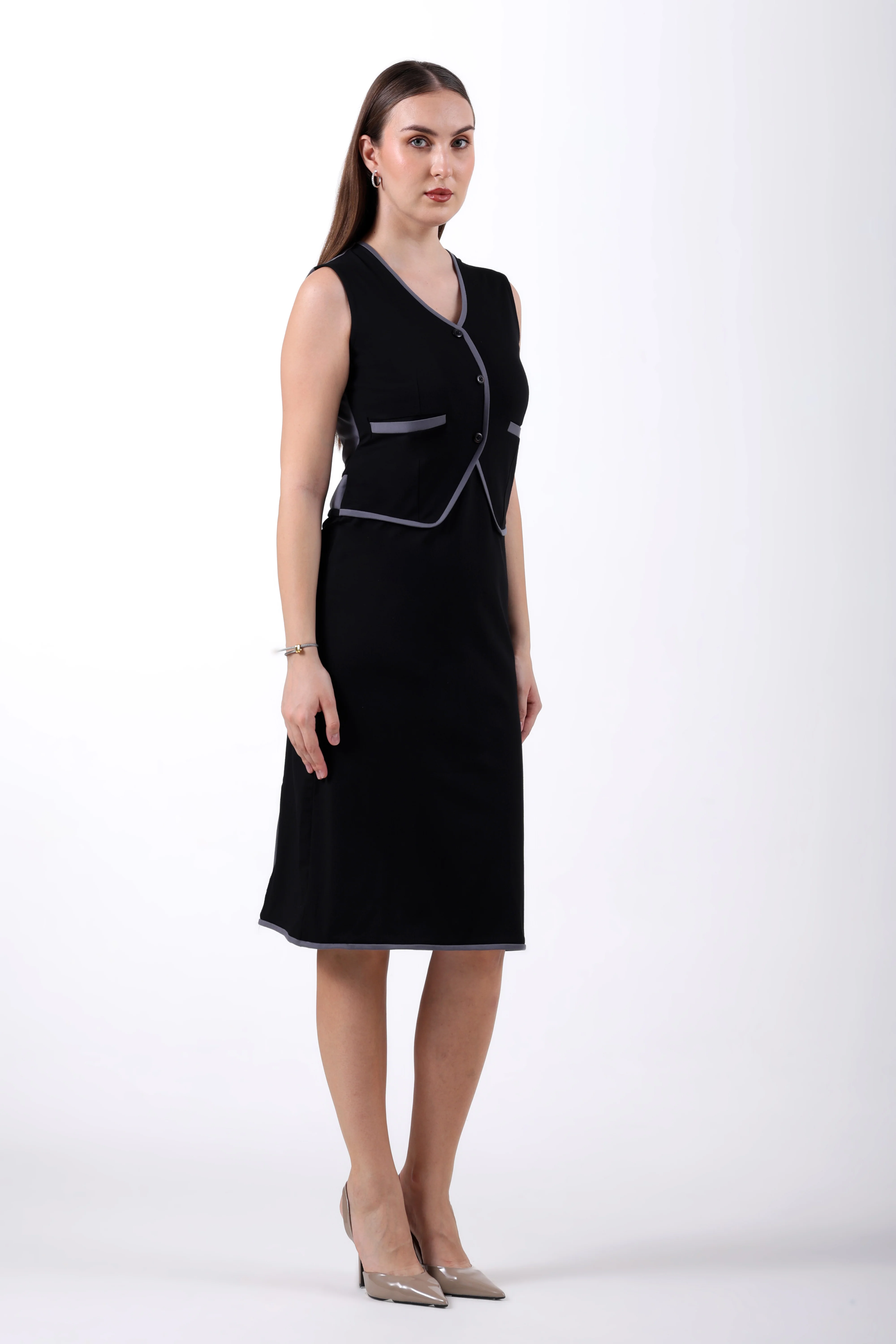 Tailored Vest Pencil Midi Dress – Black & Grey Tencel - Image 5