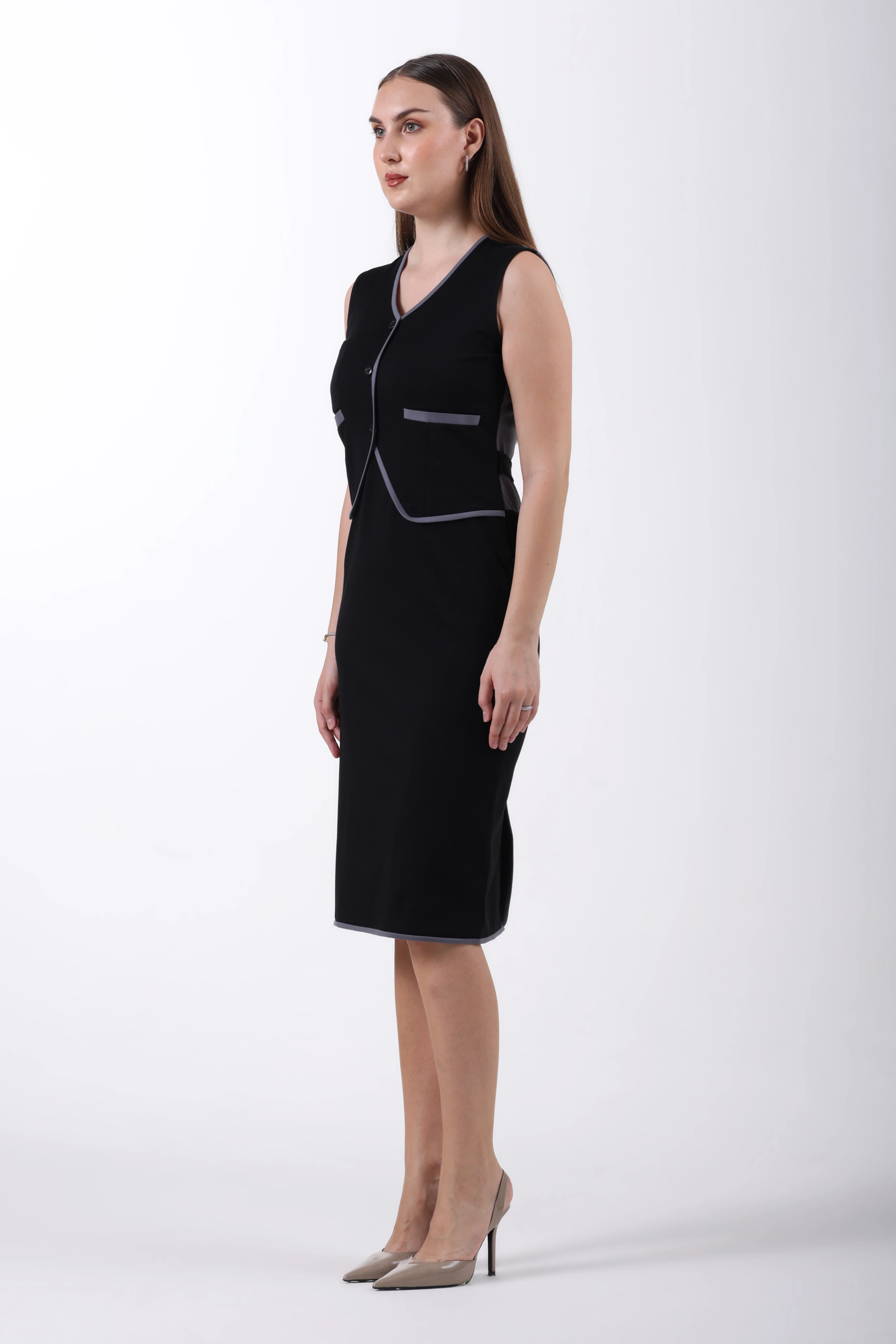Tailored Vest Pencil Midi Dress – Black & Grey Tencel - Image 6