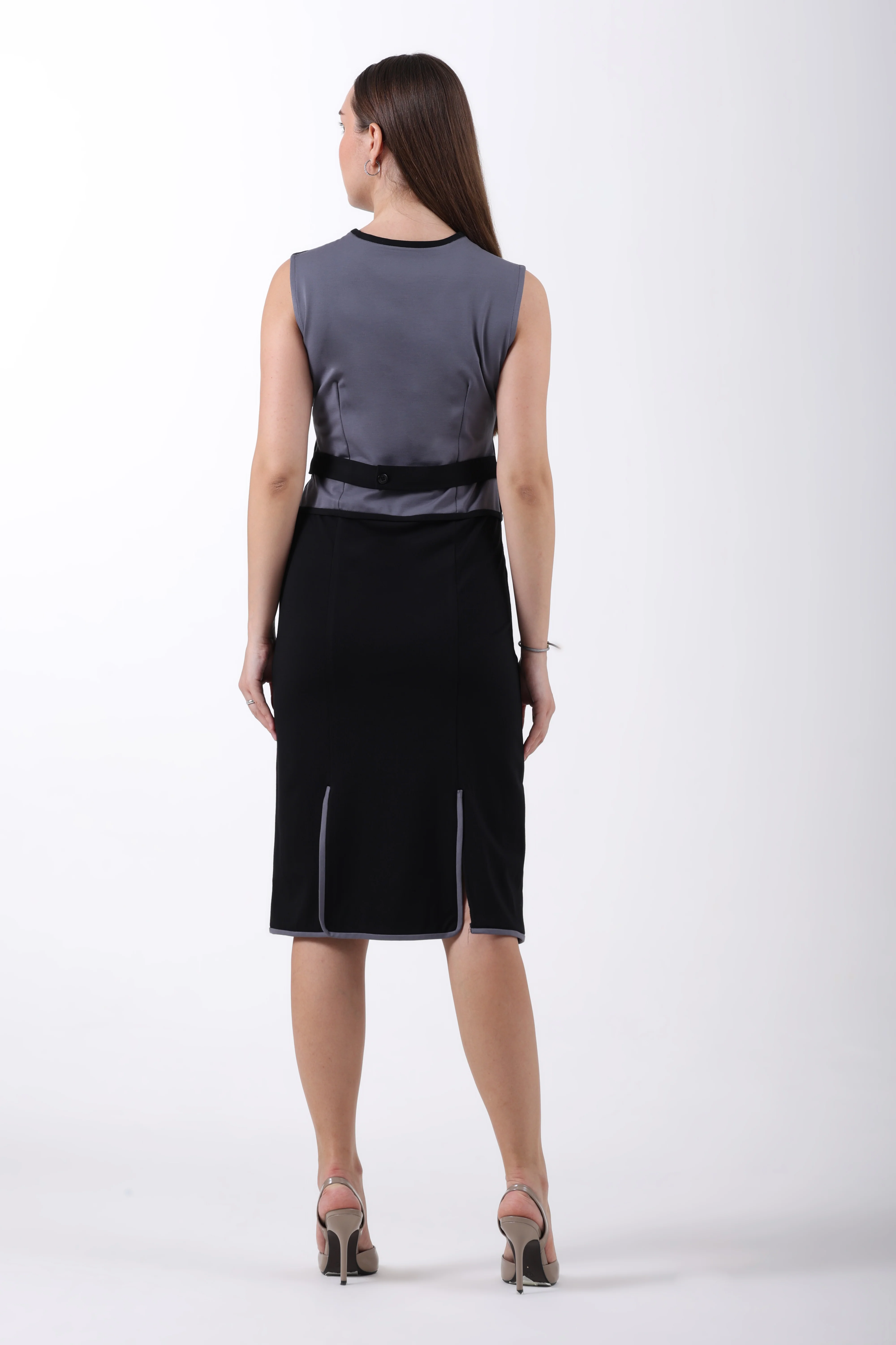 Tailored Vest Pencil Midi Dress – Black & Grey Tencel - Image 7