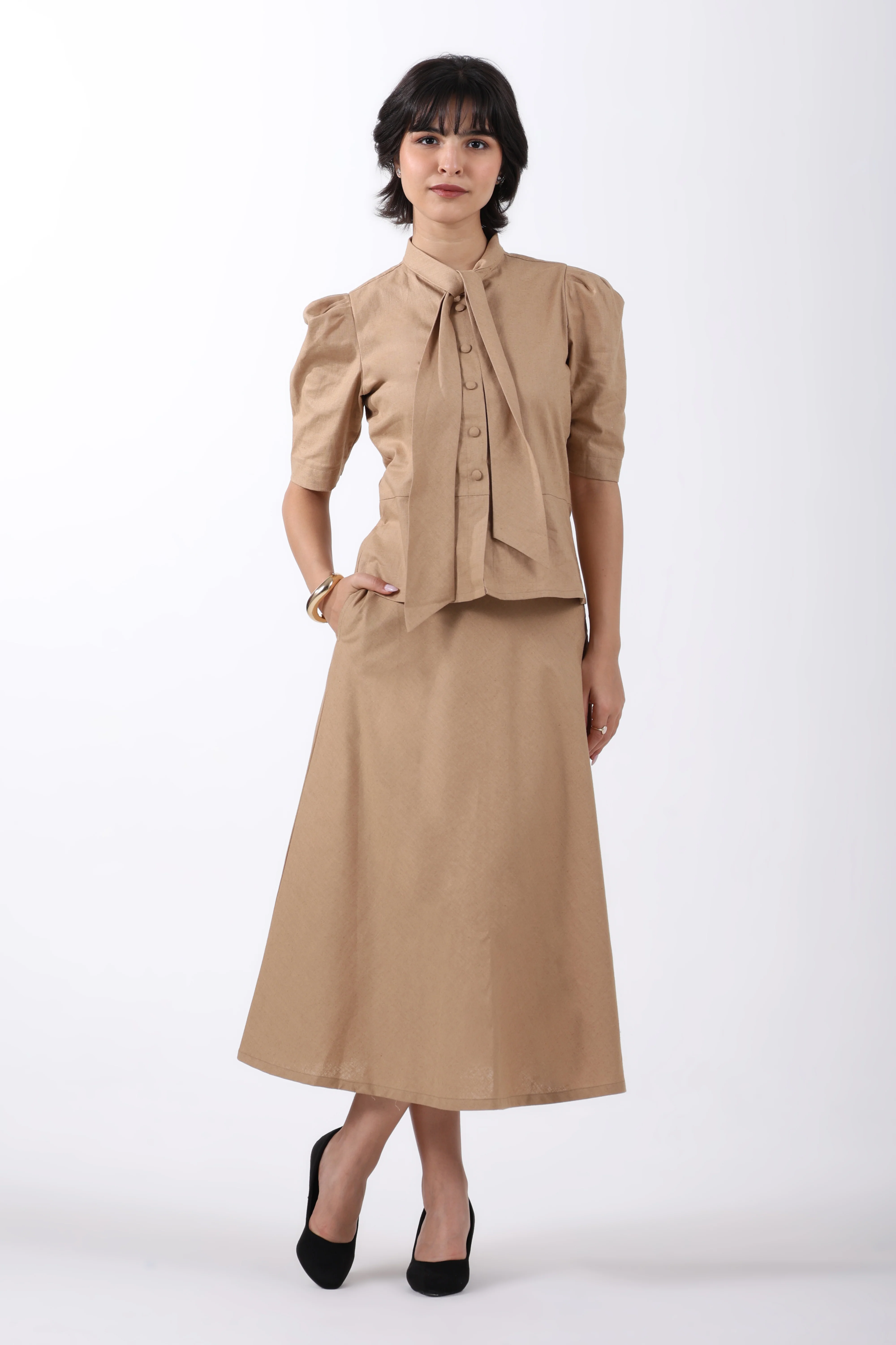 Tie Collar Top and A-Line Skirt Co-ord Set – Beige Linen - Image 3