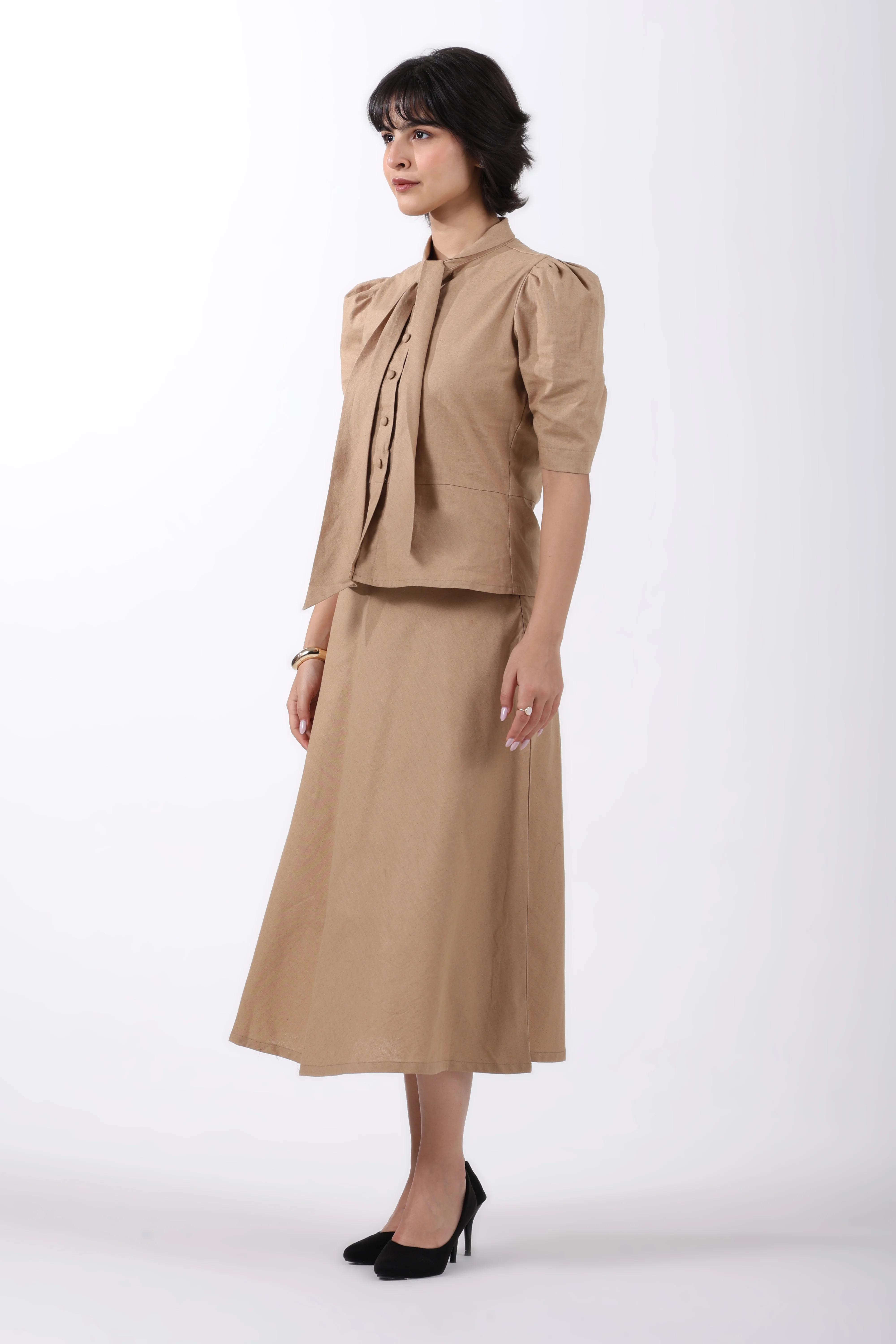 Tie Collar Top and A-Line Skirt Co-ord Set – Beige Linen - Image 4