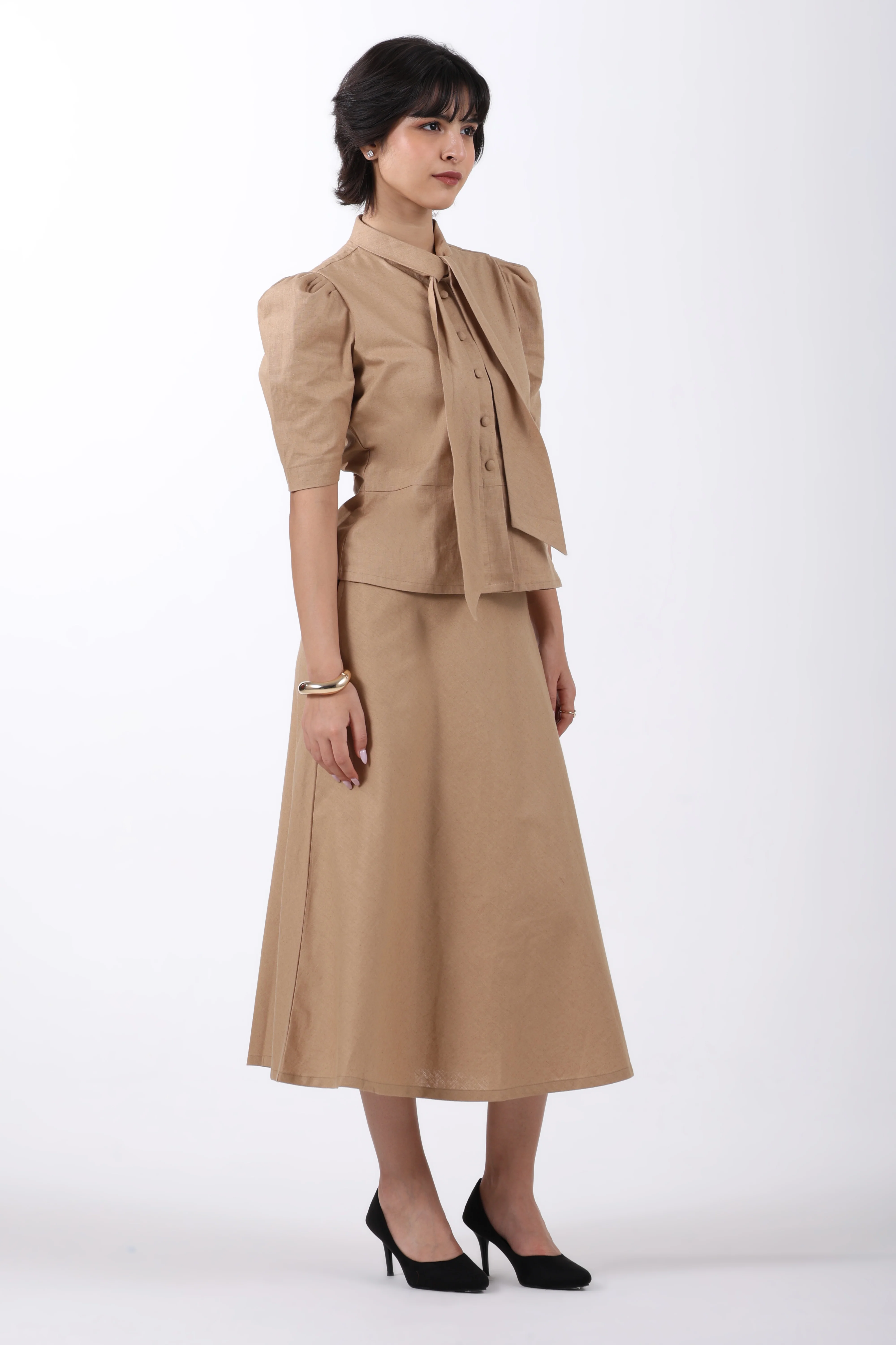 Tie Collar Top and A-Line Skirt Co-ord Set – Beige Linen - Image 5