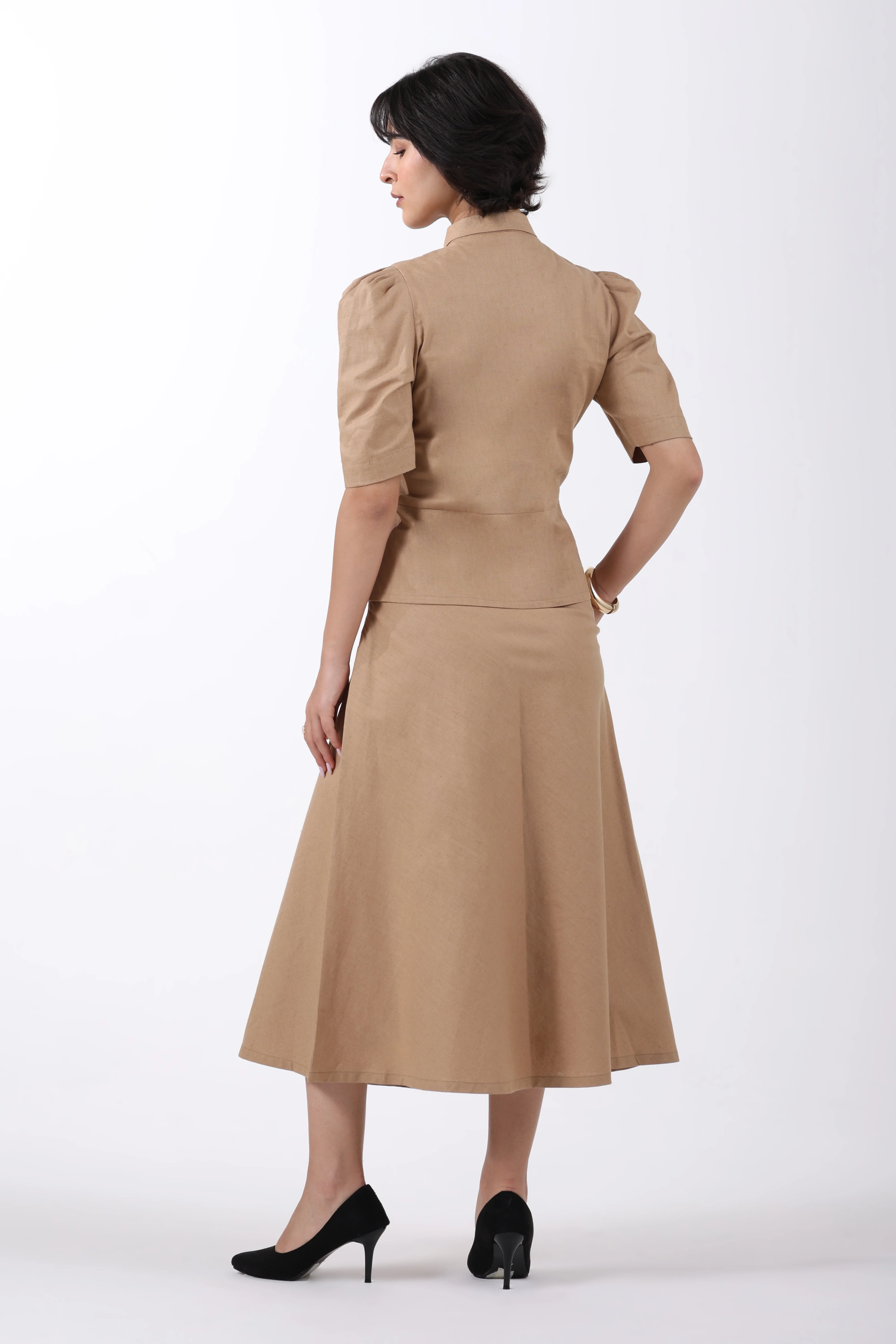 Tie Collar Top and A-Line Skirt Co-ord Set – Beige Linen - Image 6