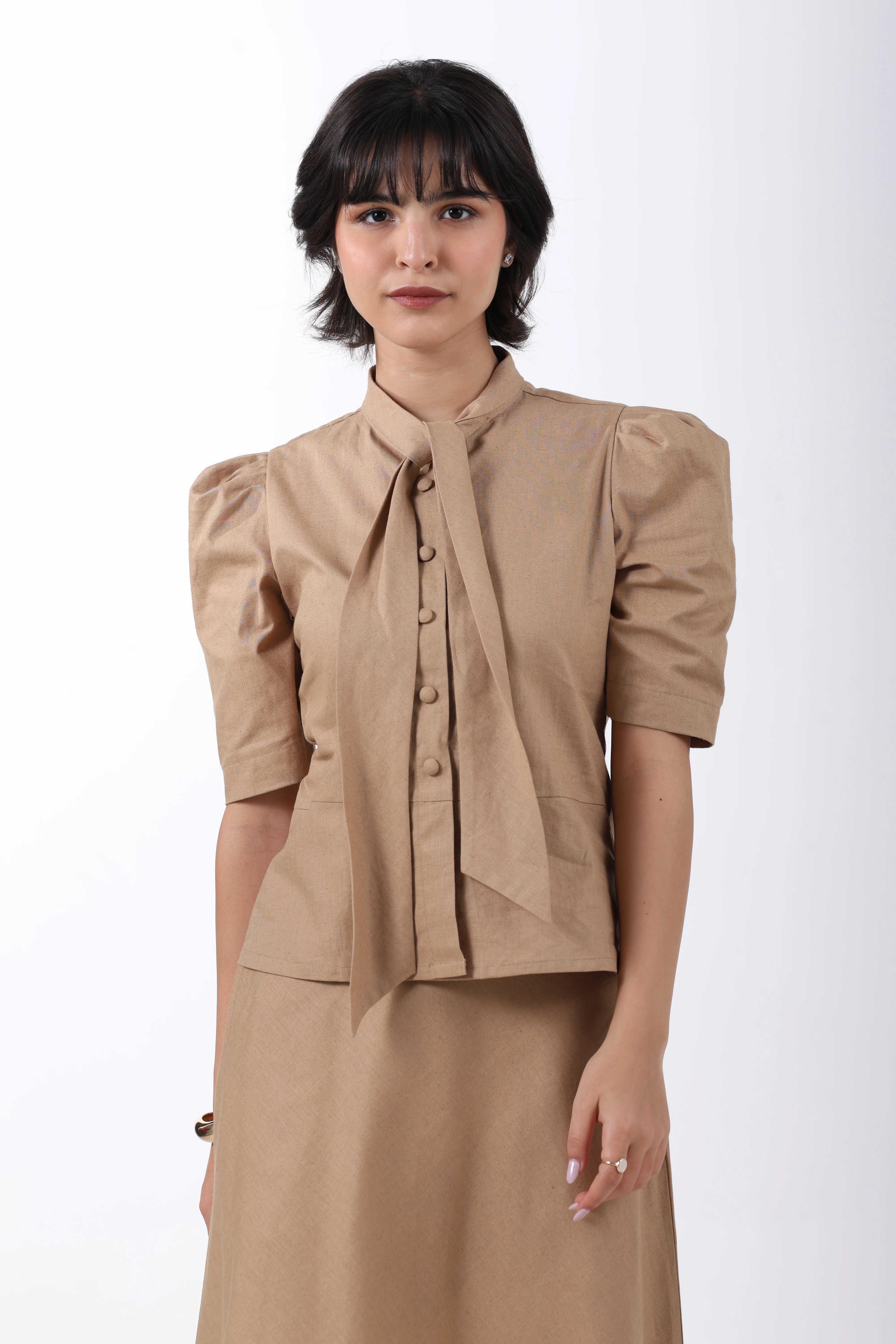 Tie Collar Top and A-Line Skirt Co-ord Set – Beige Linen - Image 7